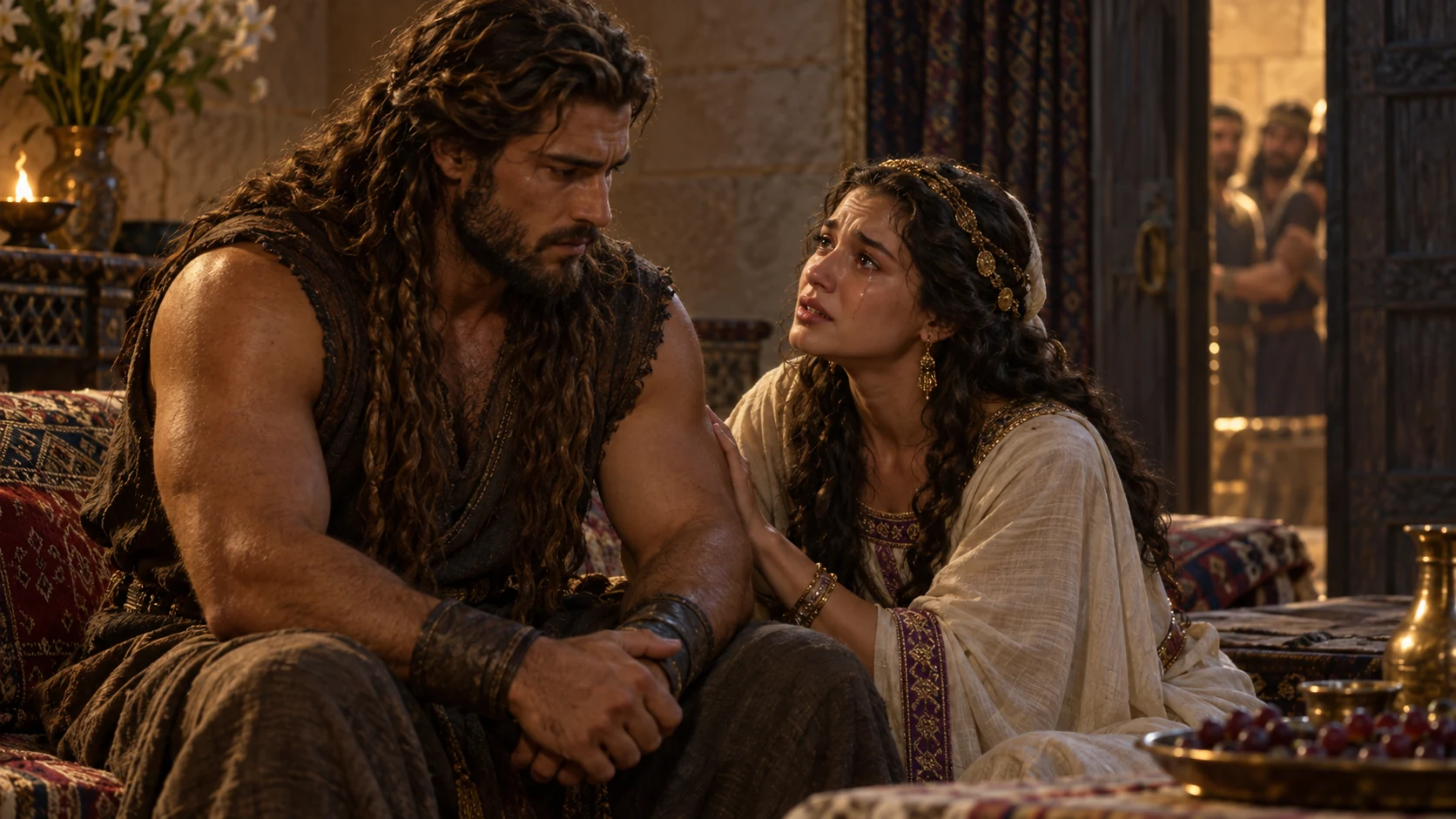 Samson’s bride tearfully pleads for the riddle’s answer.