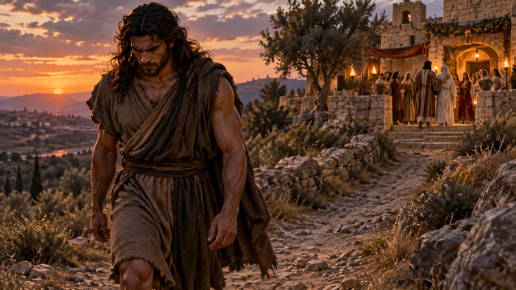 Samson walks away from Timnah while the broken wedding is settled behind him.