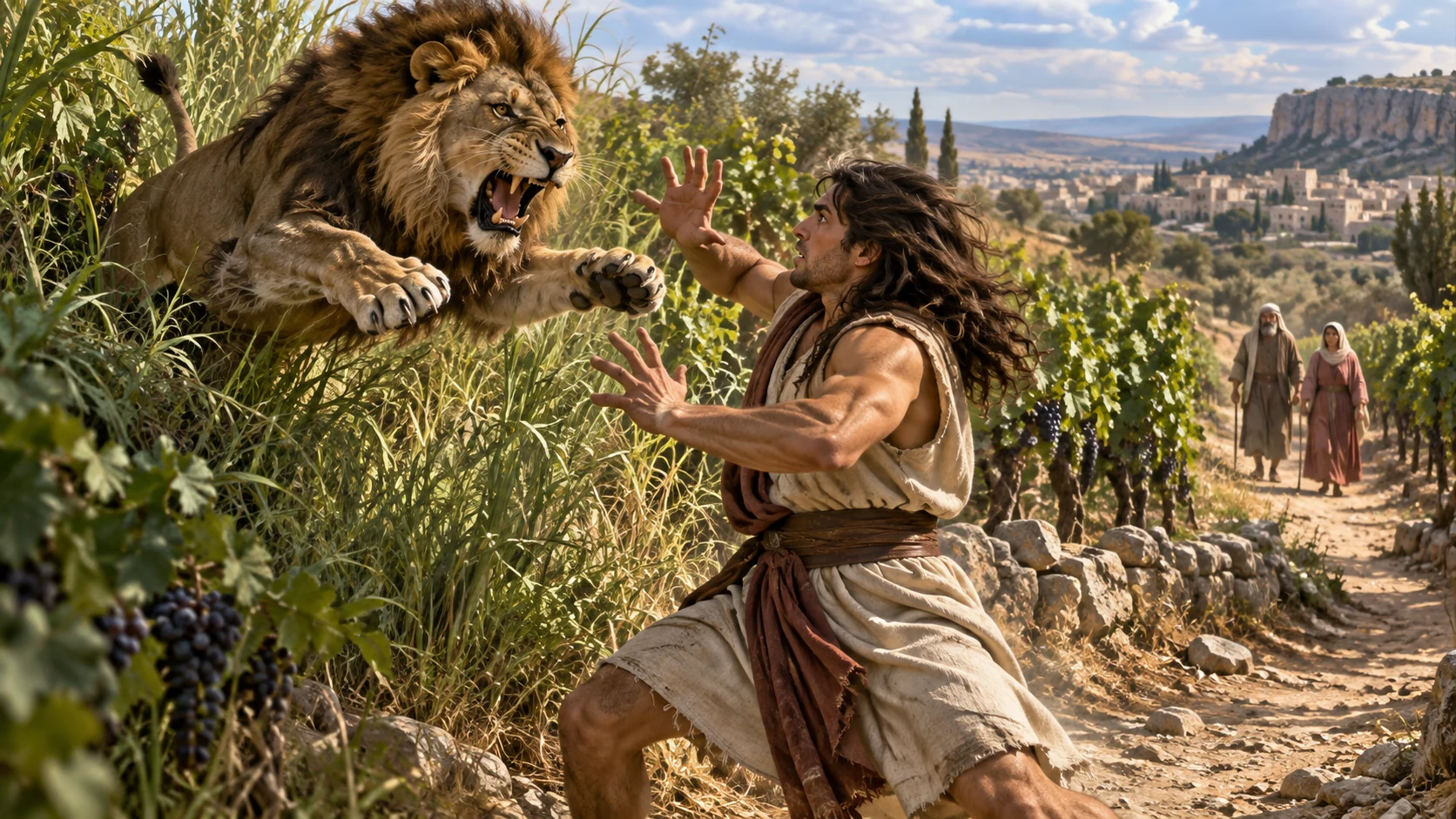 A young lion springs from the vineyard as Samson braces before contact.