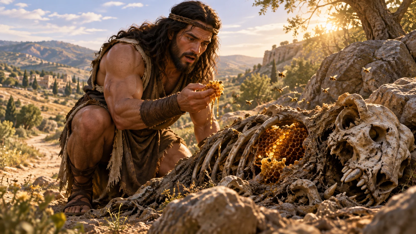 Samson discovers honey in the weathered remains of the lion.