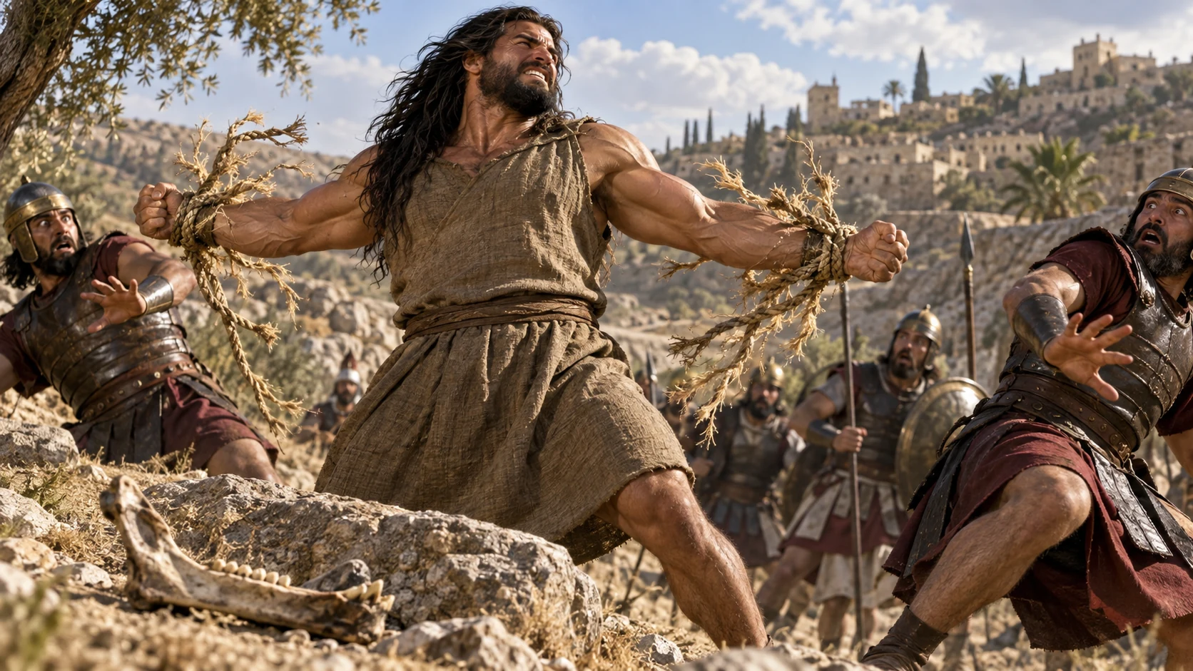The ropes snap from Samson’s arms as the Philistines recoil at Lehi.
