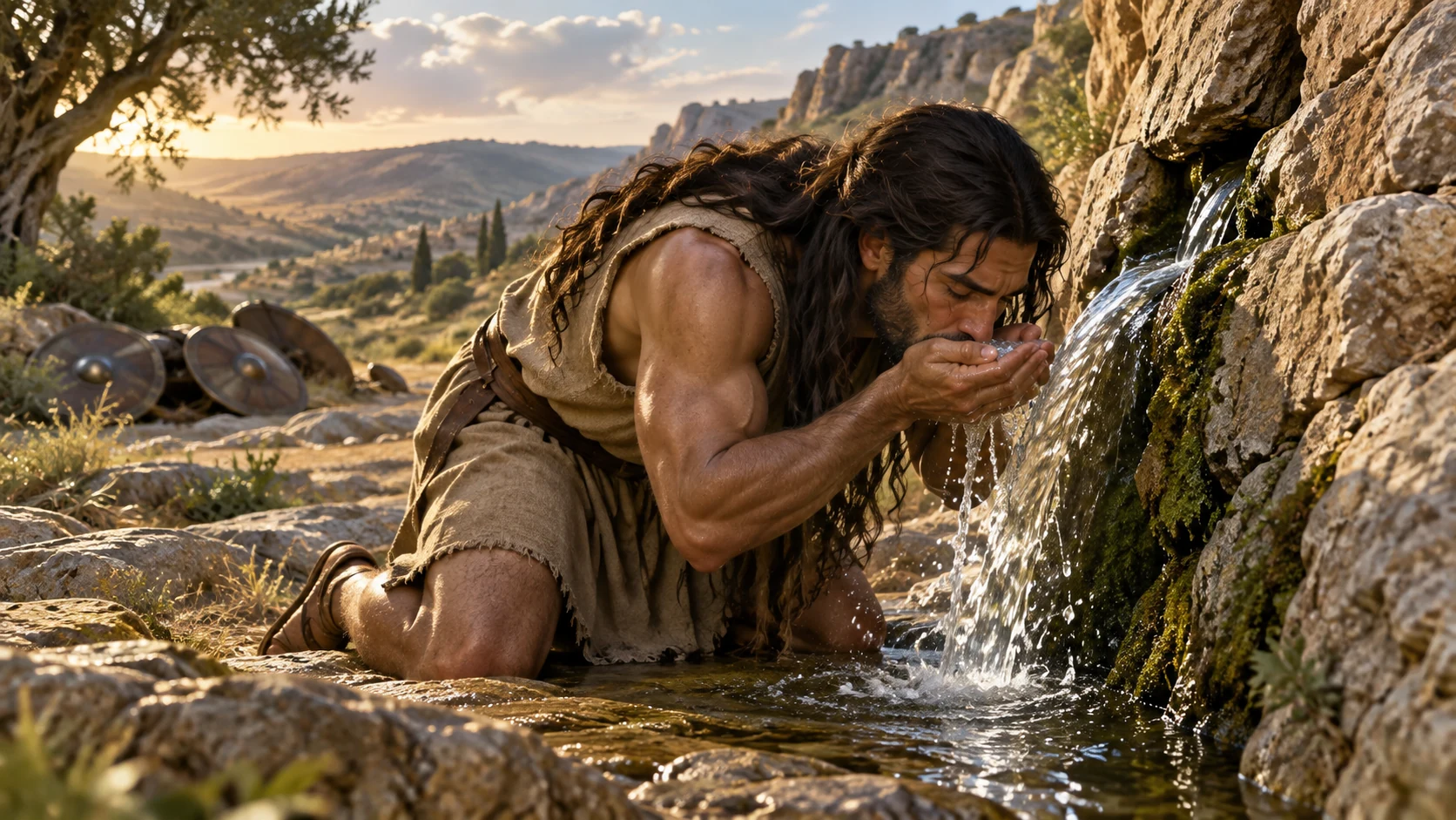 Exhausted Samson drinks from the spring that opens at Lehi.