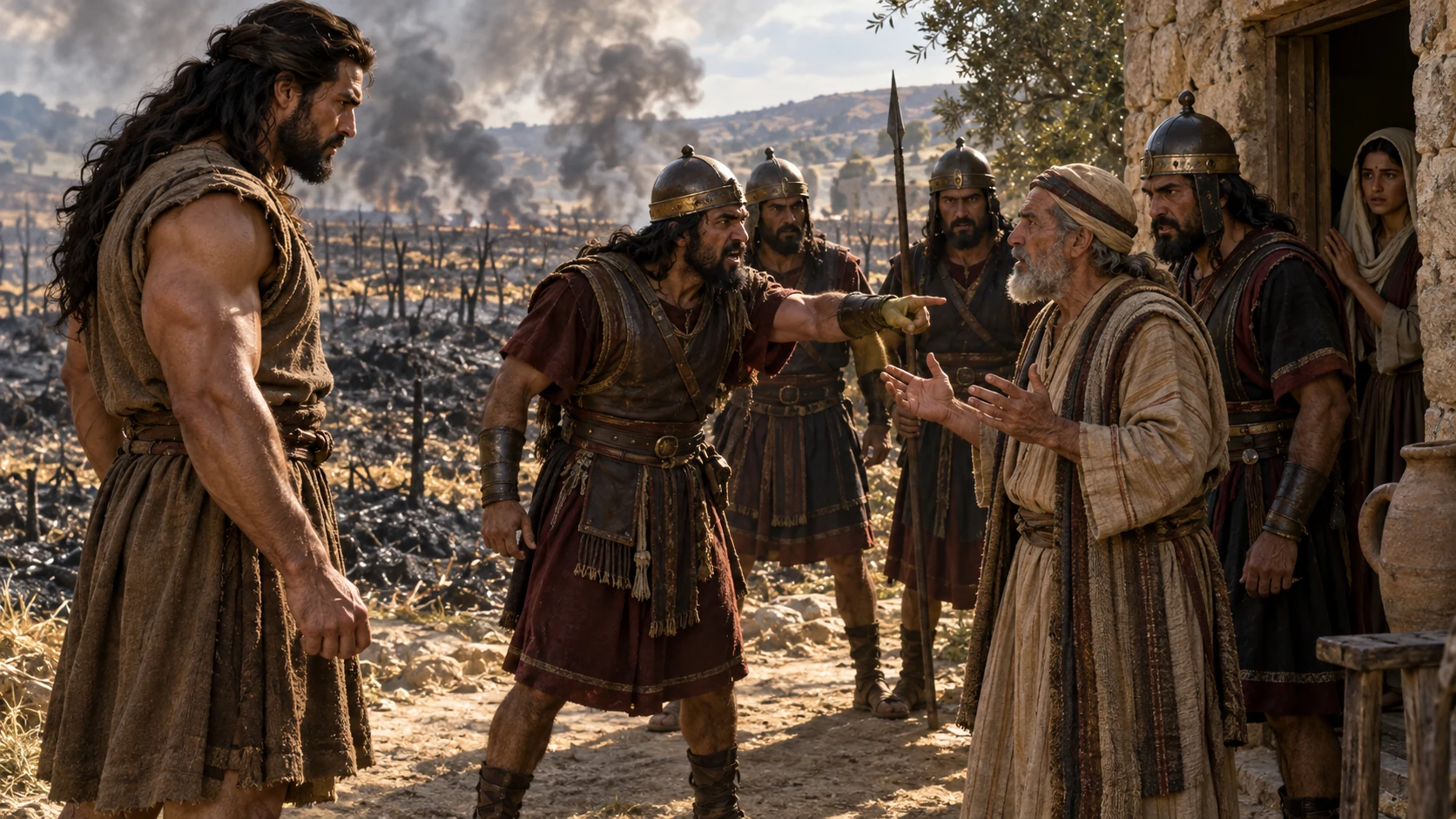 Philistine townsmen confront the bride’s father beside the burned fields.