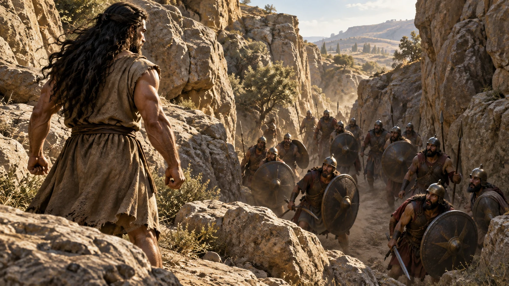 Samson faces armed pursuers from a rocky height before the fighting begins.