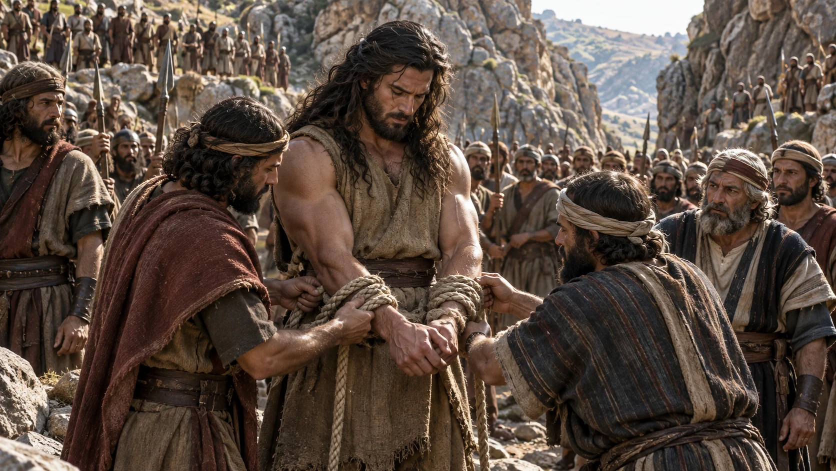 The men of Judah bind Samson after he agrees to surrender.
