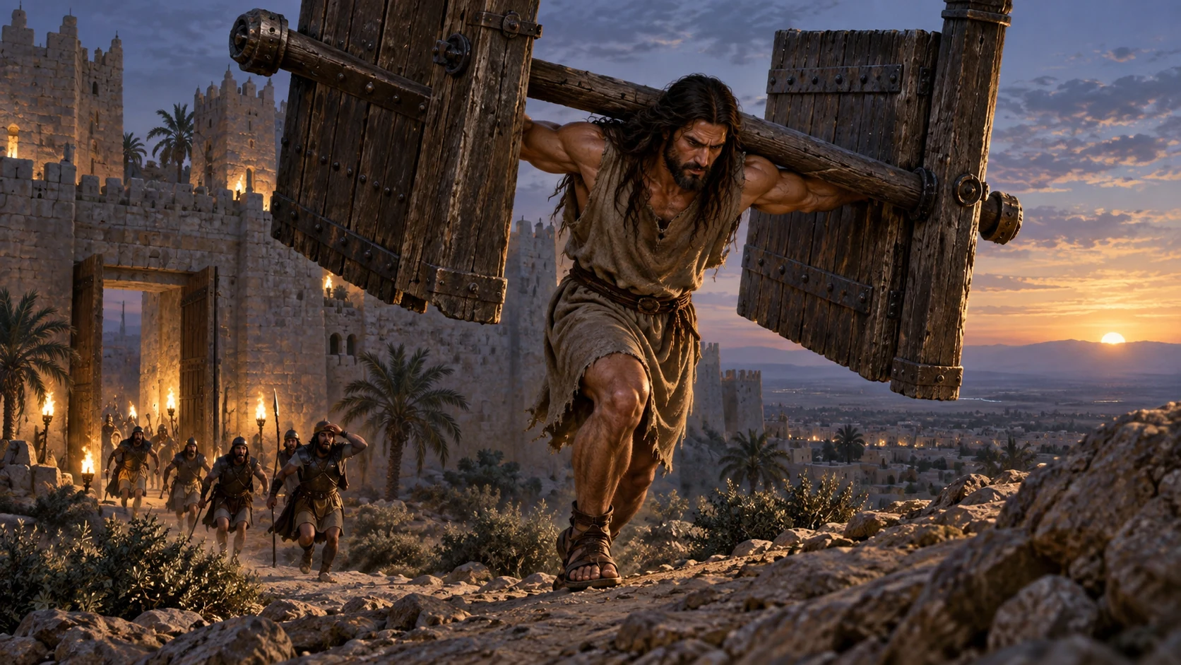 Samson carries Gaza’s gates uphill before dawn.
