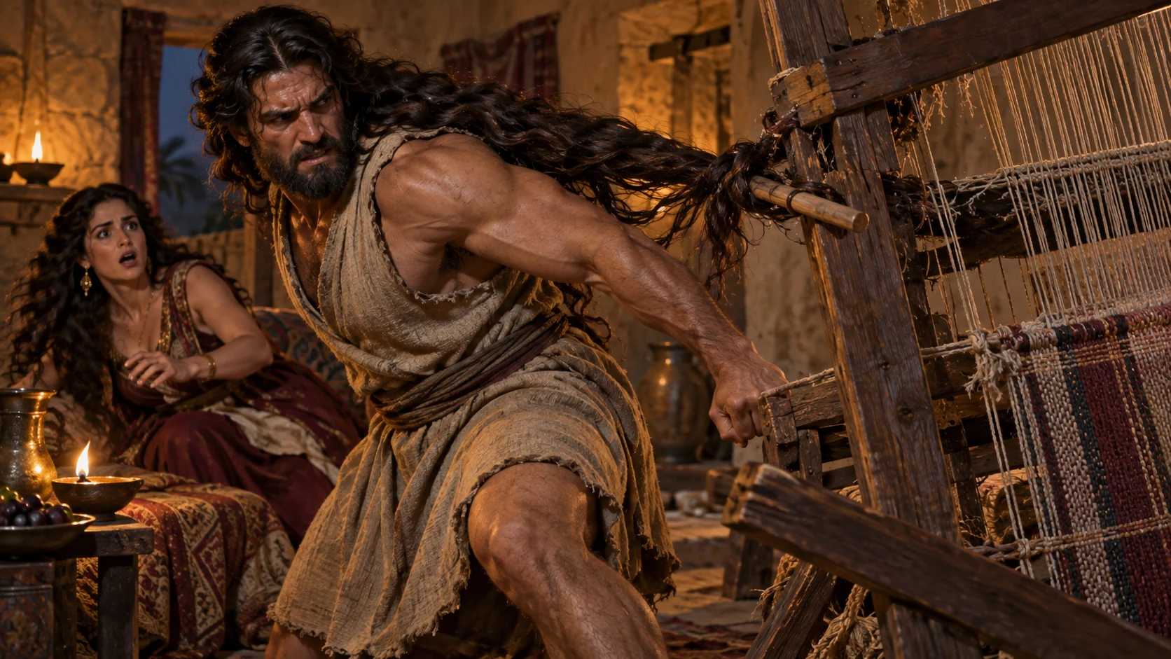 Samson rises with his hair and the loom pin.