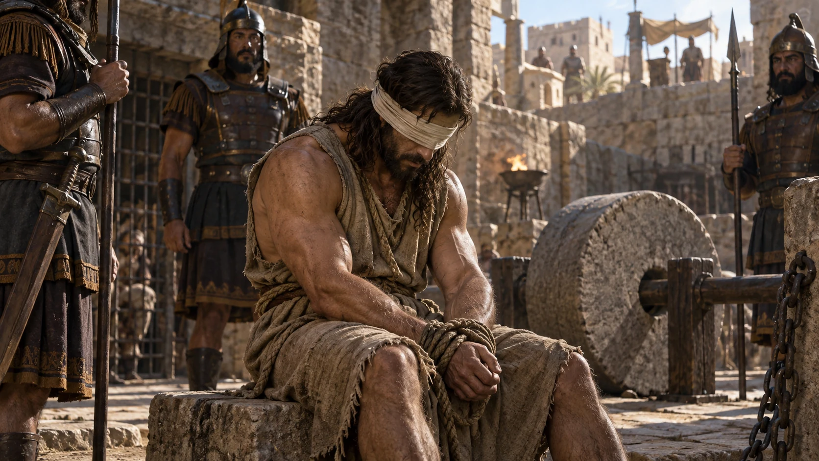Blind Samson sits bound beside the prison millstone.