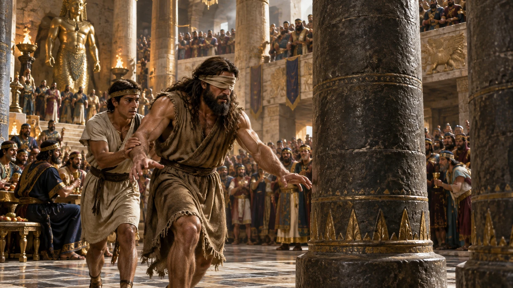 Samson is led toward the temple’s central pillars.