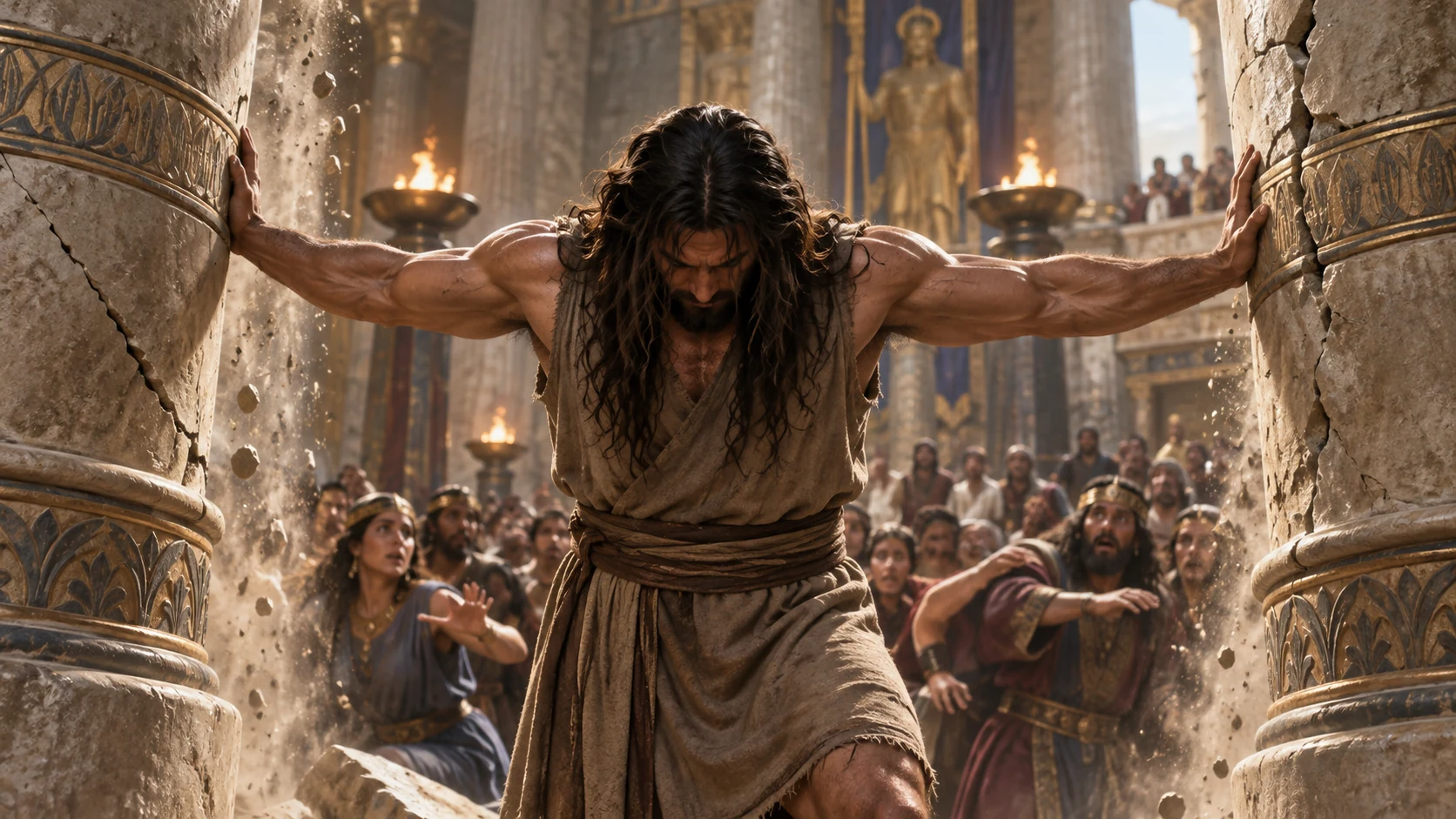 Samson prays between the pillars as dust begins to fall.
