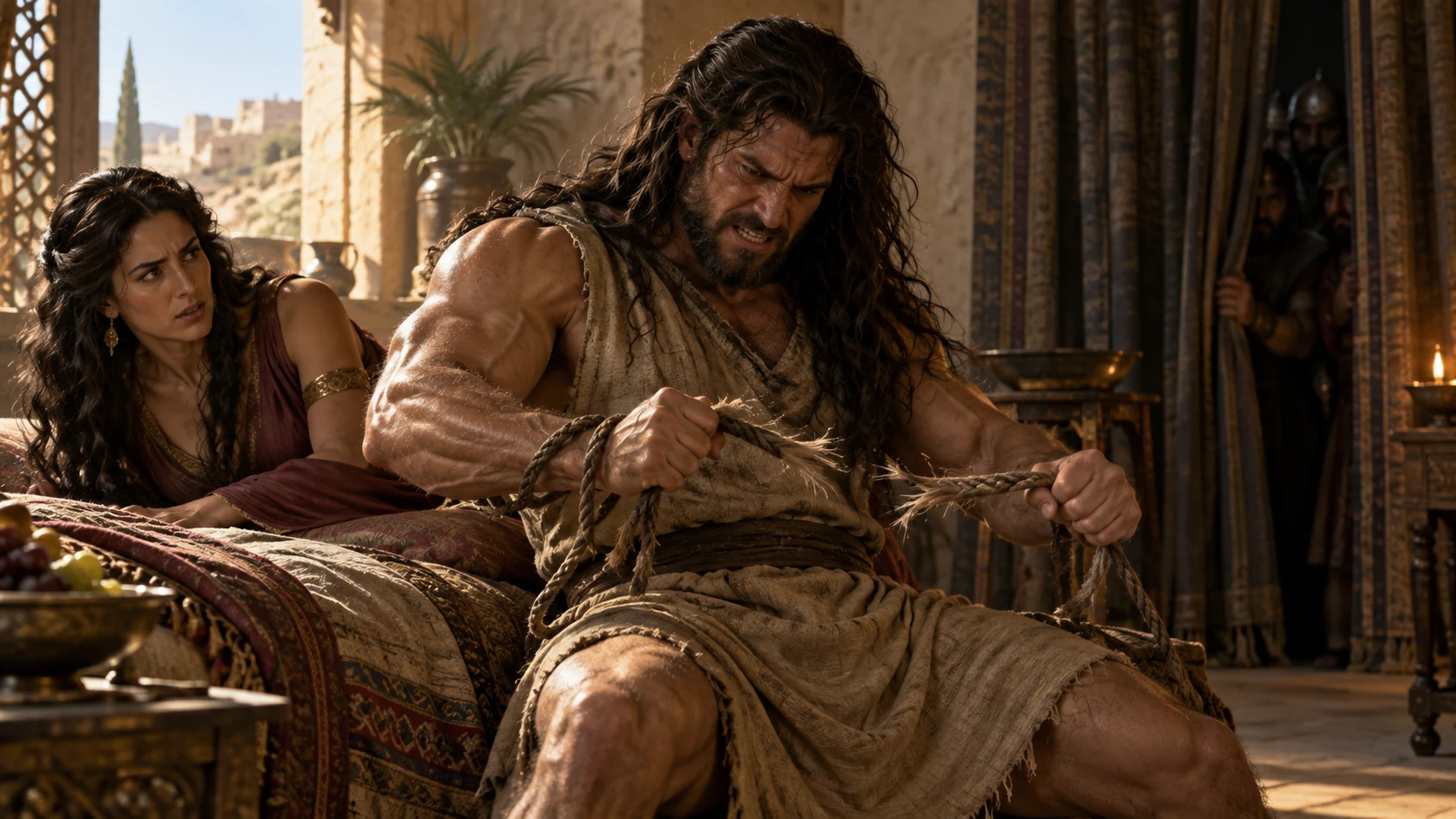 Samson breaks the fresh bowstrings. in a decisive moment.