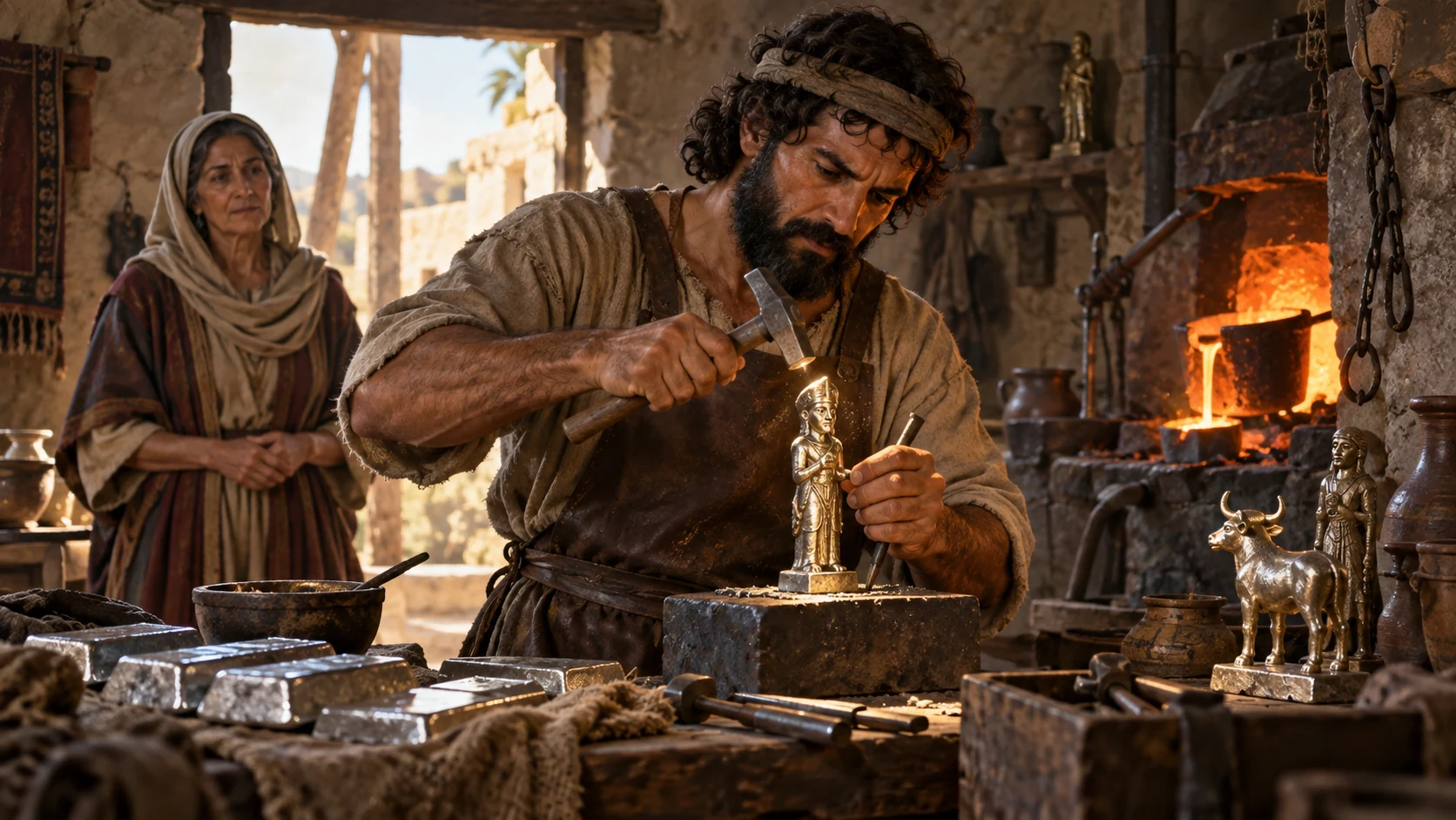 A silversmith shapes the household image.