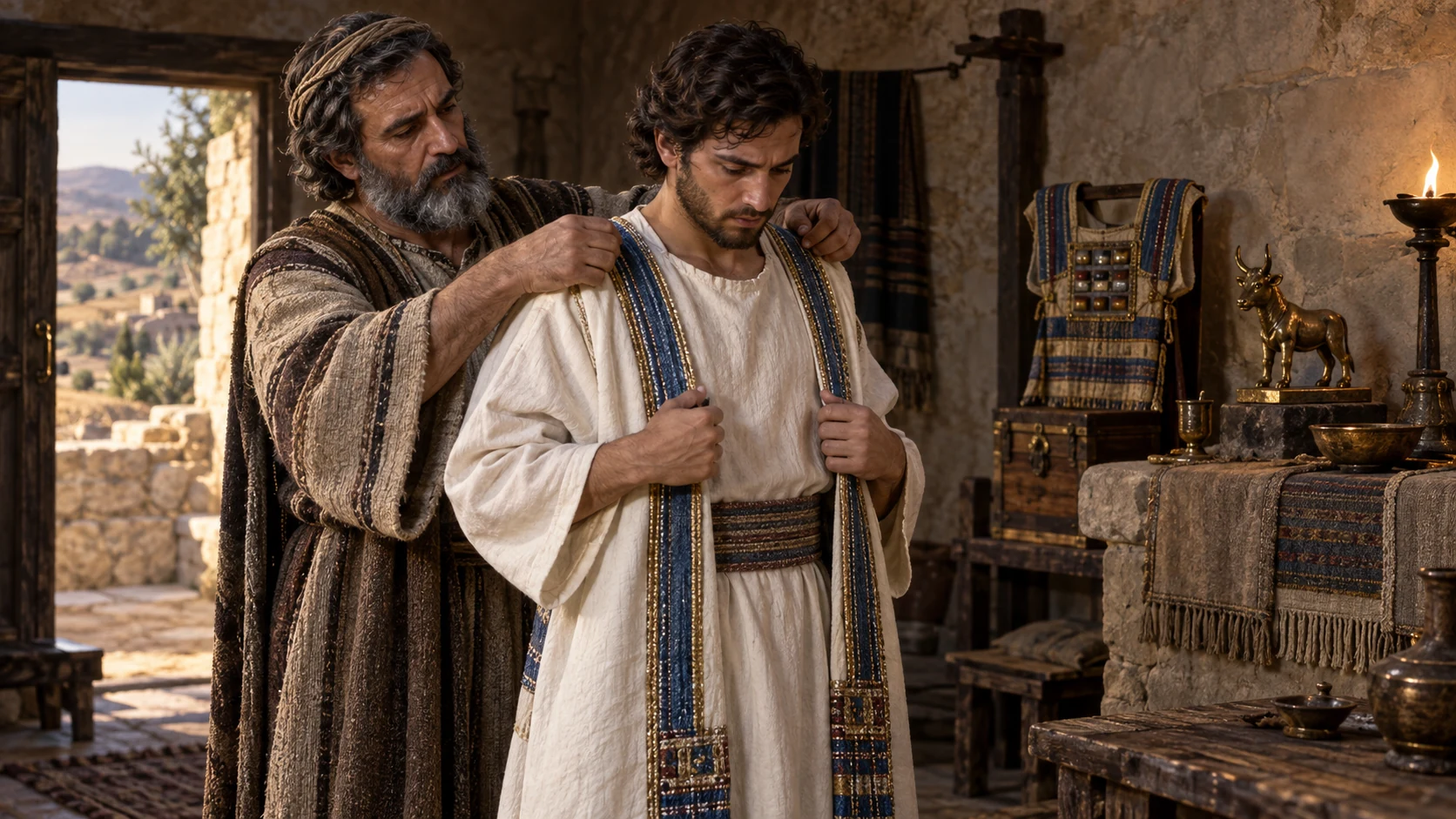 Micah clothes his adult son for the private shrine.