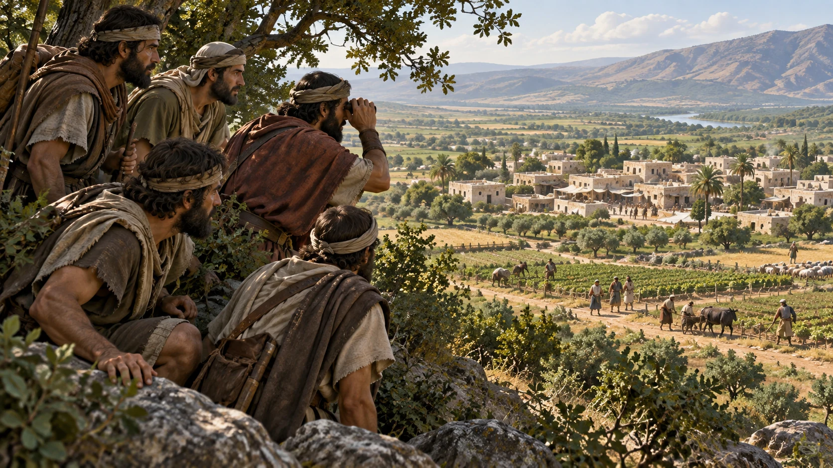 The scouts overlook peaceful Laish. in a decisive moment.