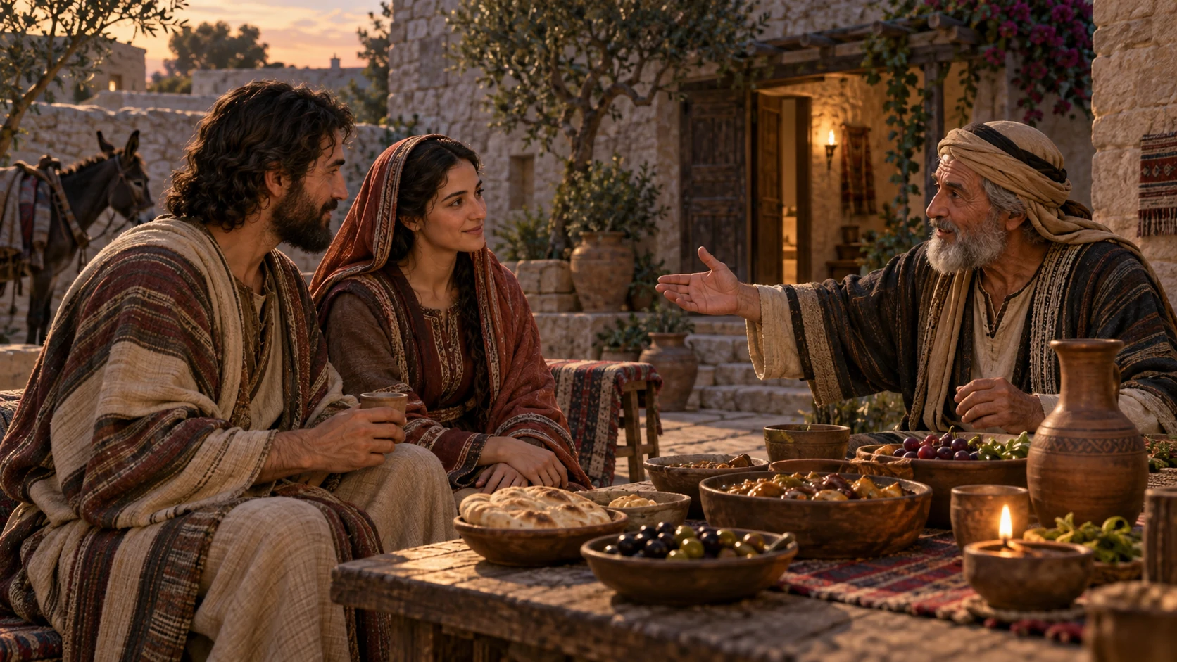 The Levite, his concubine, and her father share a meal.