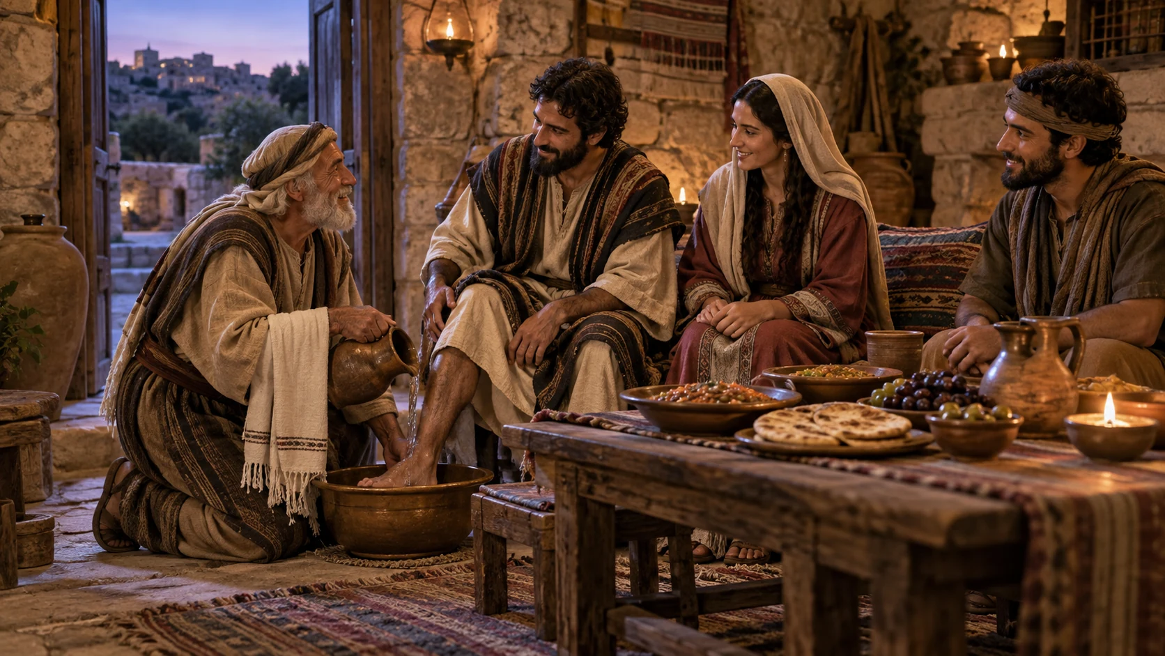 The elderly host washes his guests’ feet.