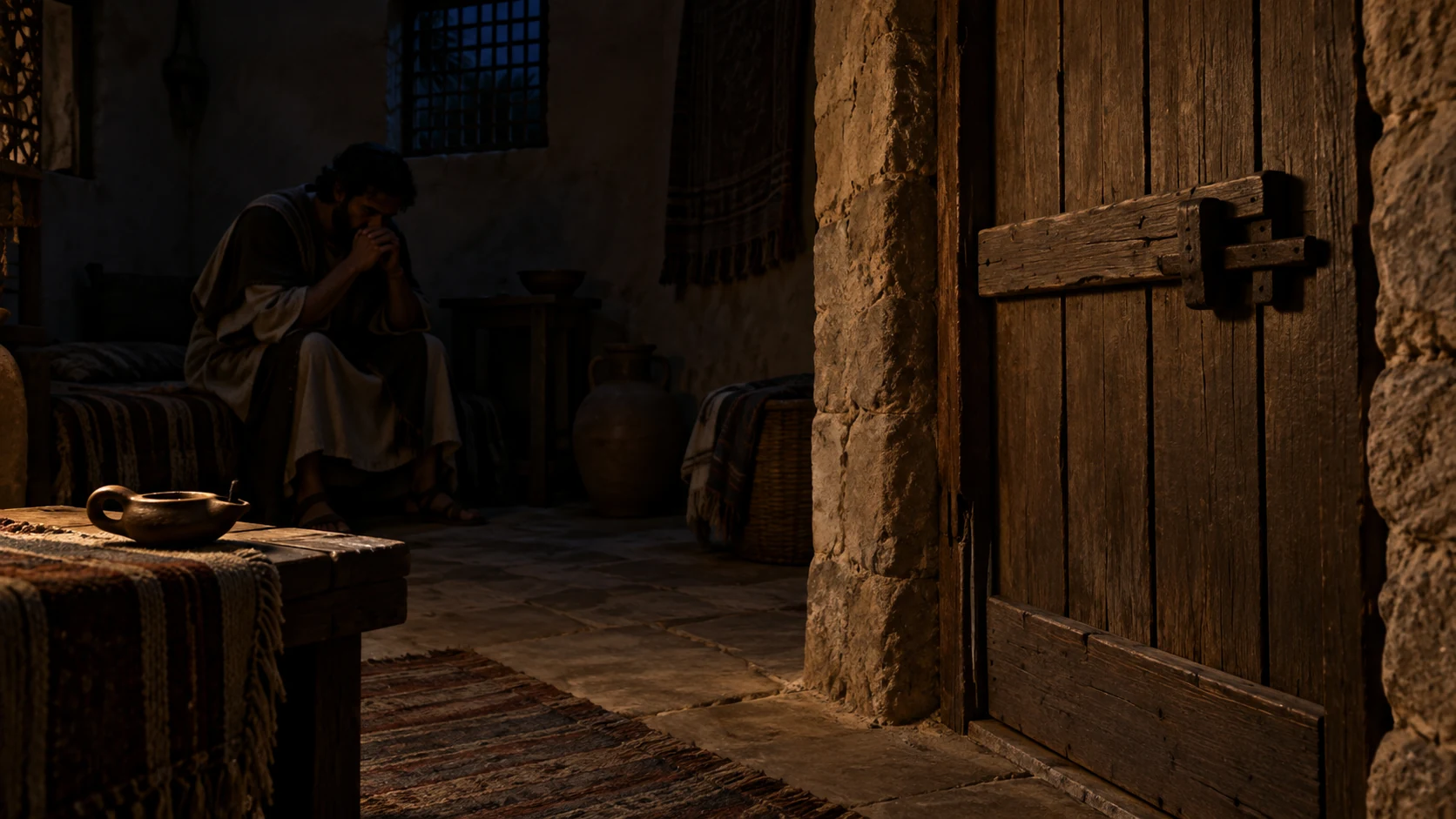 A barred door and extinguished lamp mark the terrible night.
