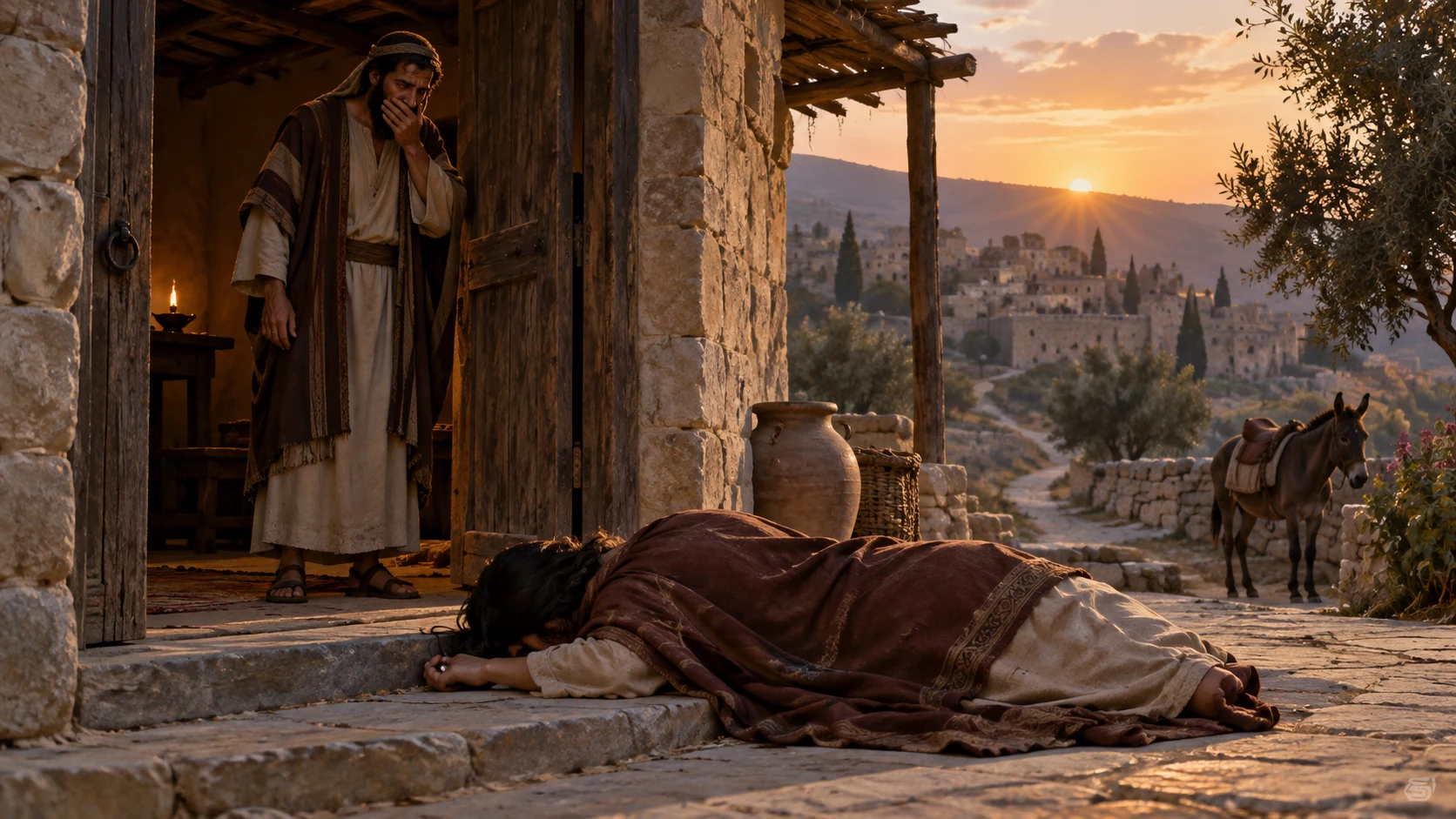 The Levite finds the woman at the threshold.
