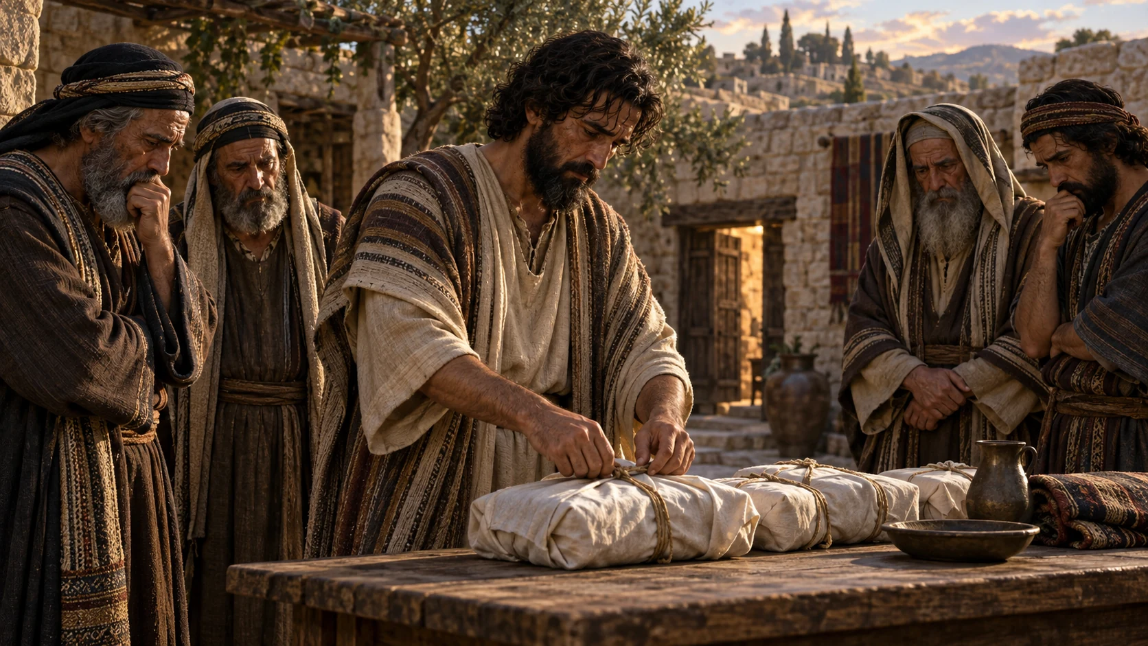 The Levite prepares sealed parcels before sober elders.