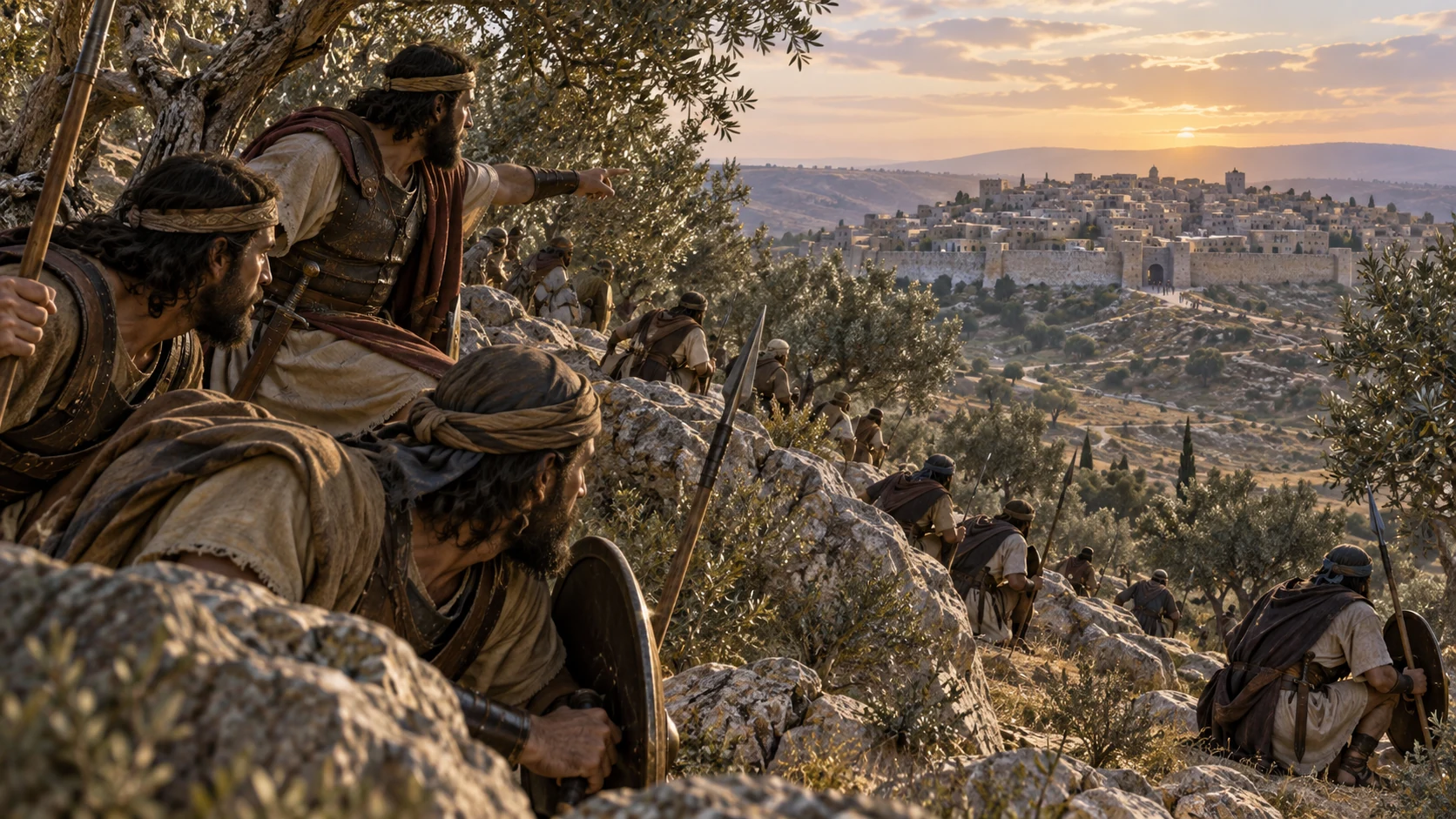 Israelite troops hide among the olive groves.