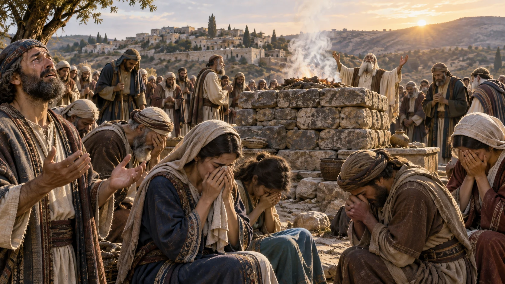 Israel mourns before a newly built altar.