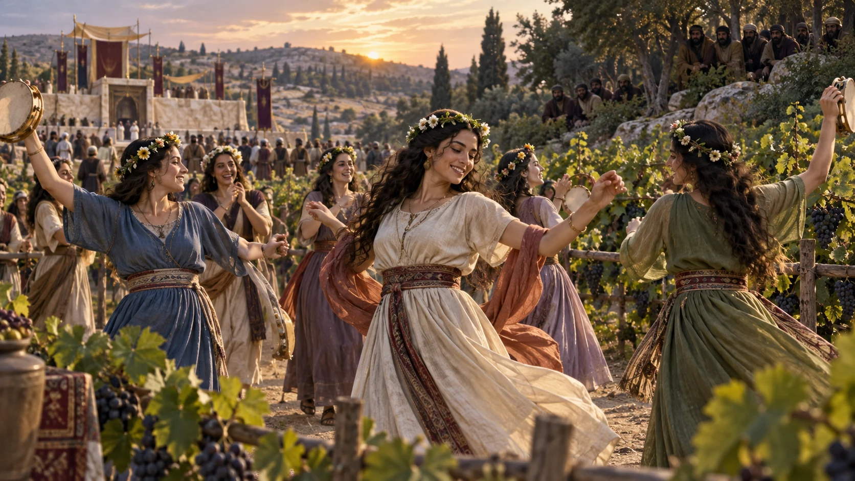 Women dance at Shiloh while Benjaminites remain distant.