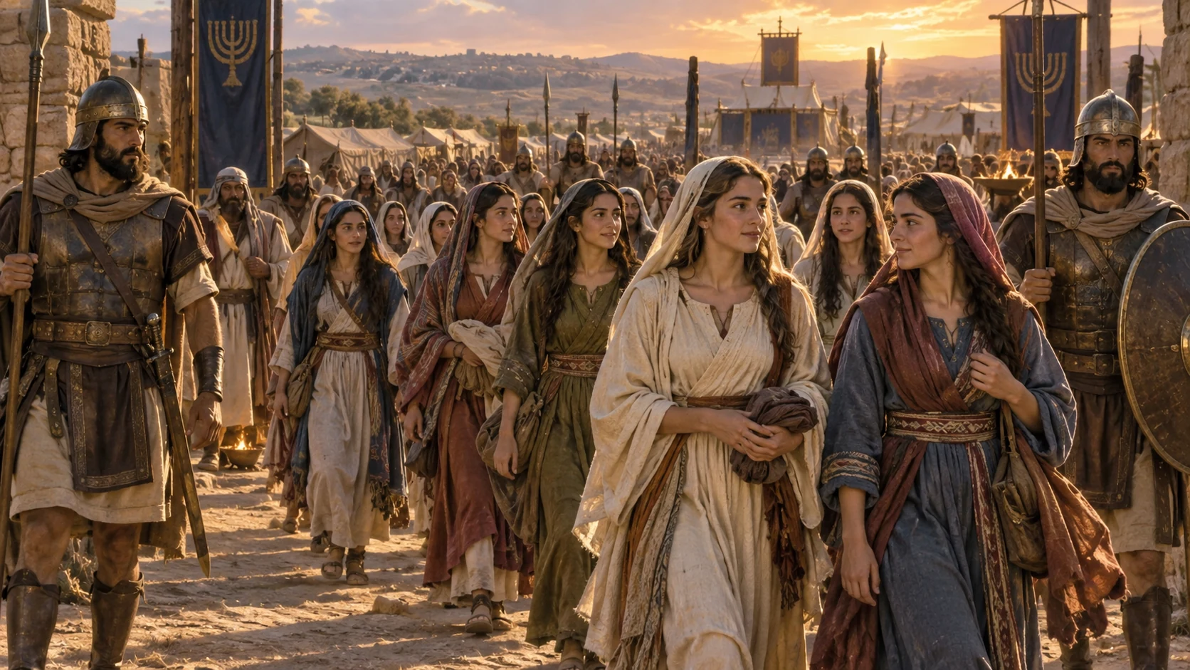 Guardians escort the women of Jabesh-gilead into camp.