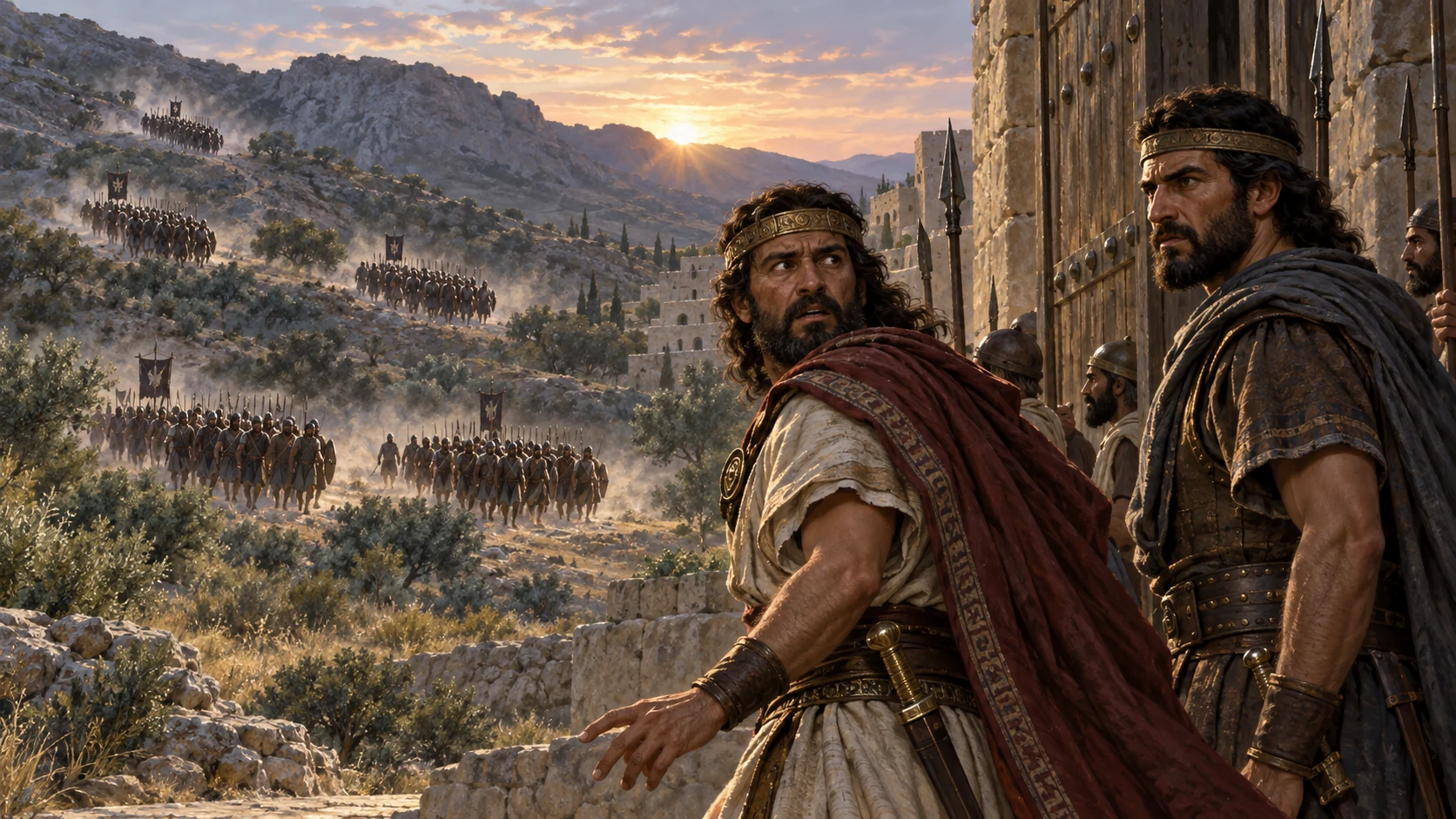 Gaal sees Abimelech’s companies descending toward Shechem’s gate.