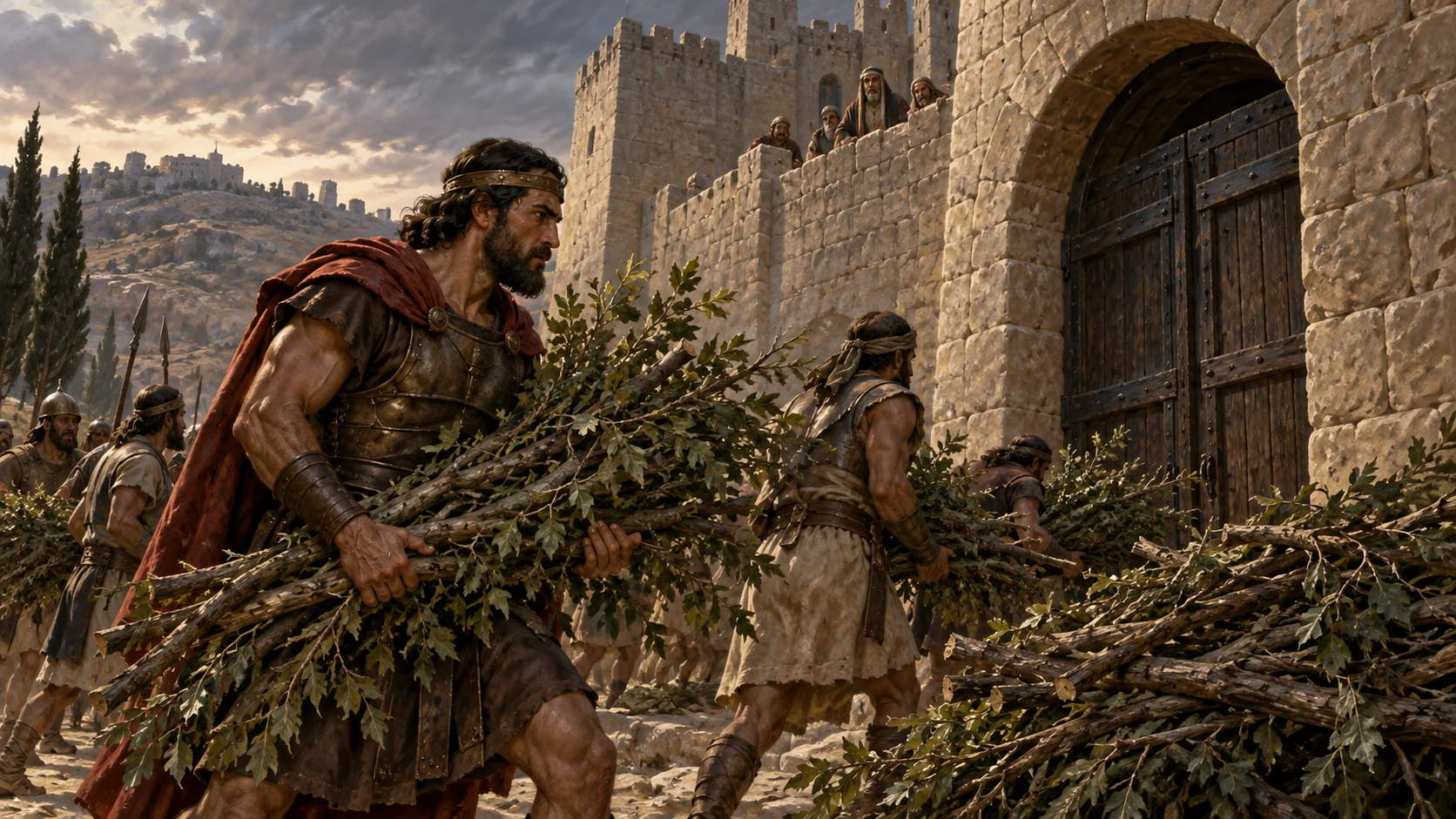 Abimelech’s men carry branches to the stronghold where Shechem’s leaders hide.