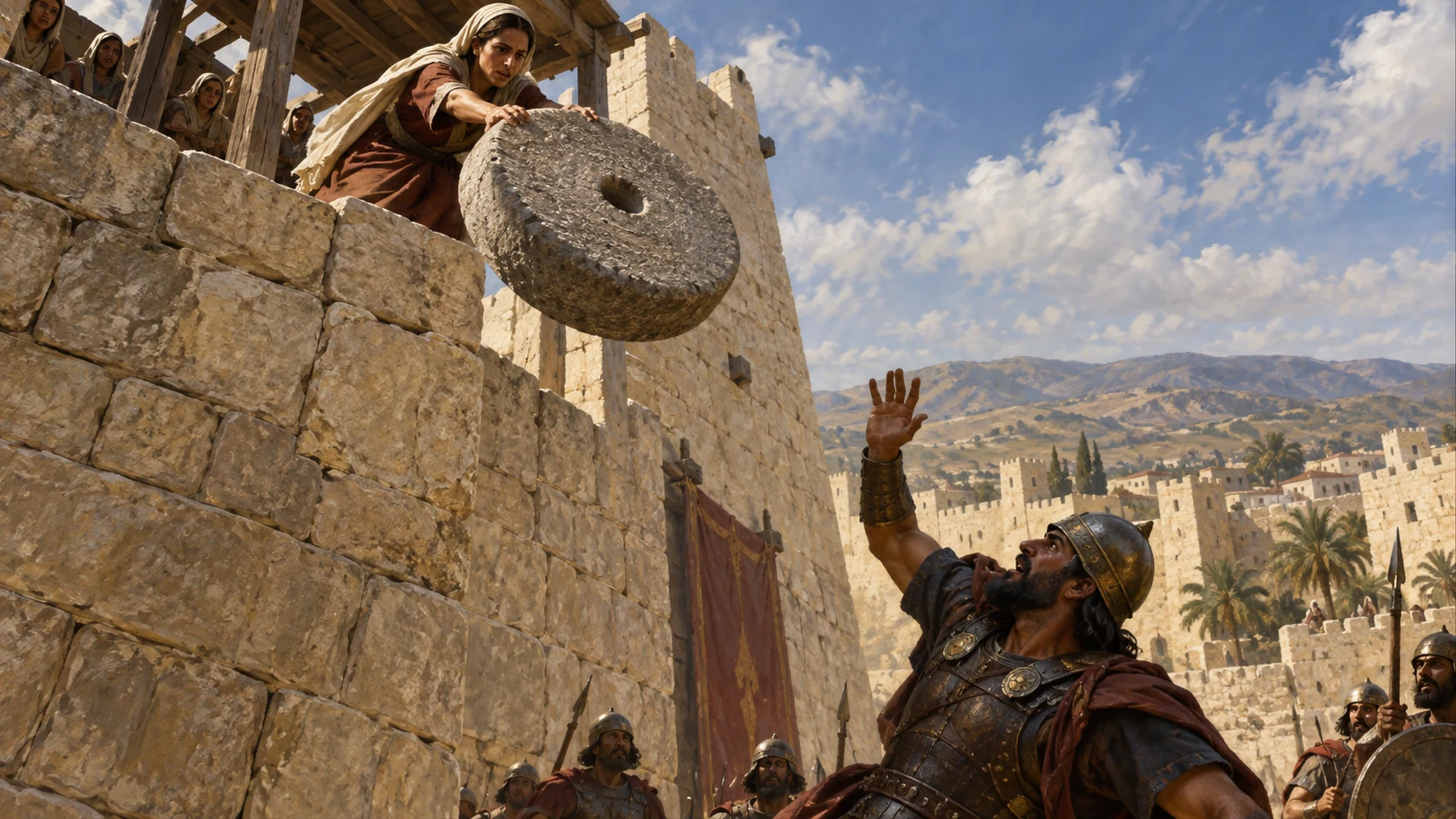 A woman at Thebez drops an upper millstone toward Abimelech.