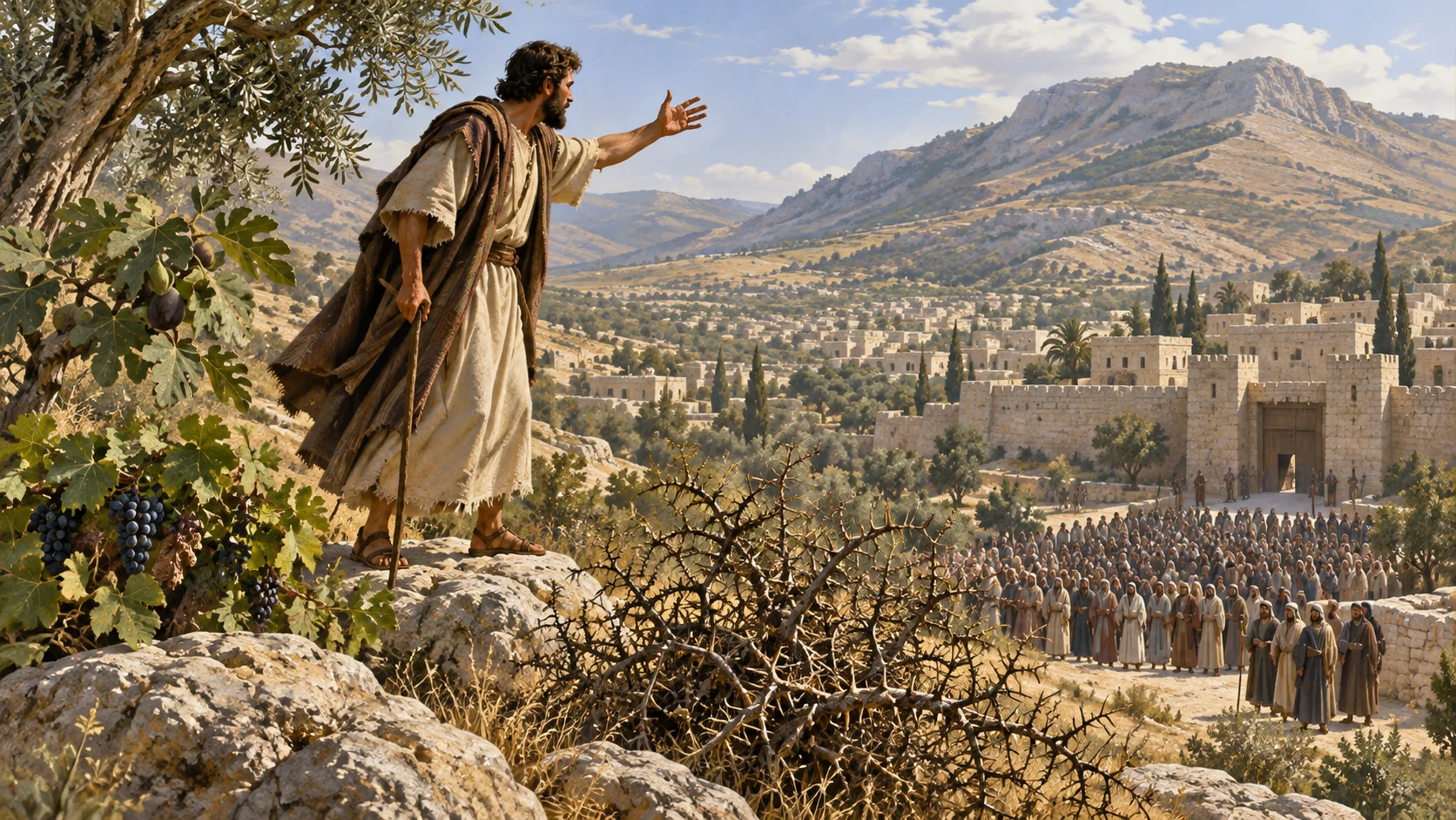 Jotham calls down his parable of the trees and warns Shechem before fleeing.