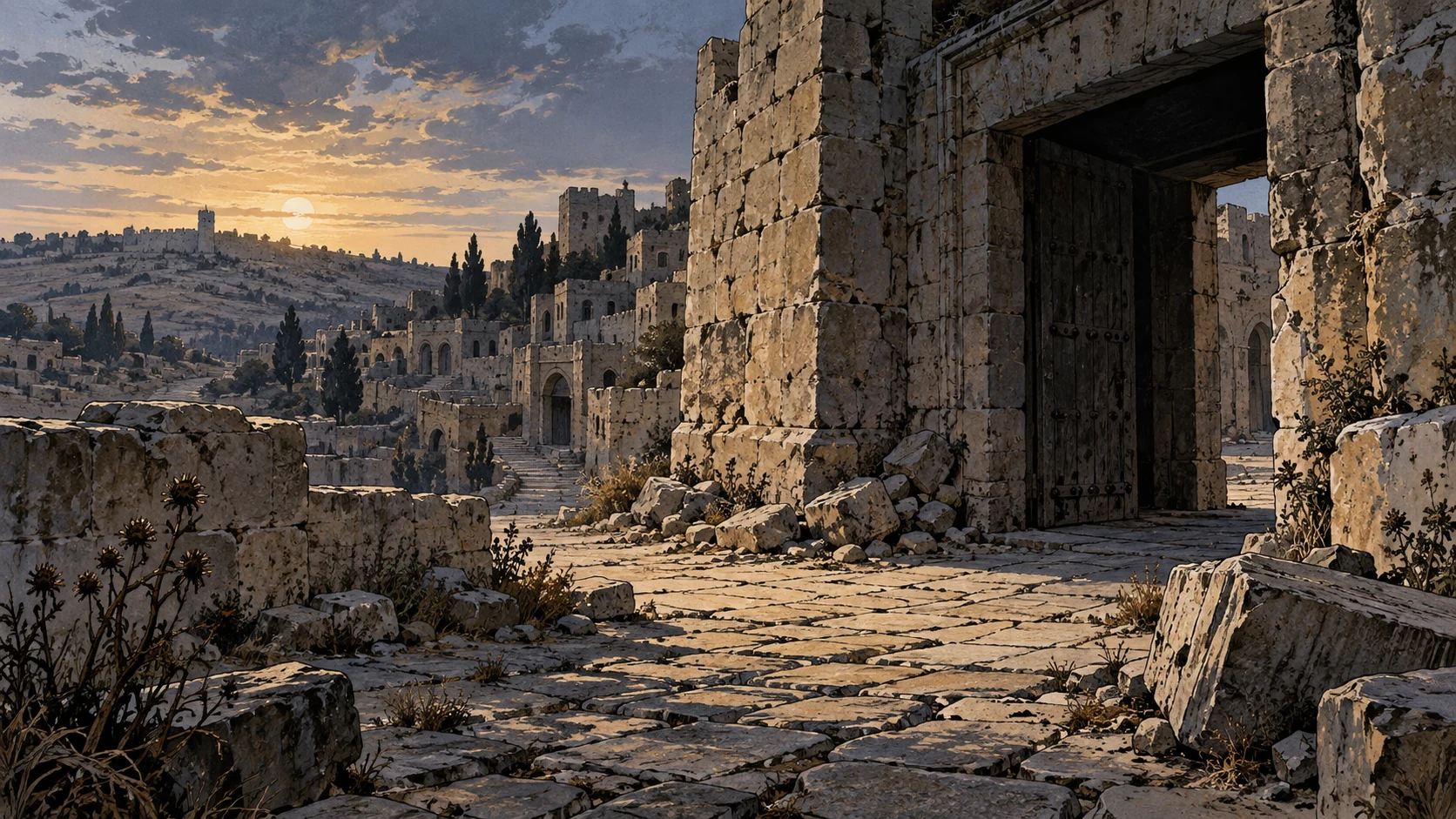 Poetic visual interpretation: Empty desolate ancient Judah city gate, once-crowded roads now vacant, wide dusk view.