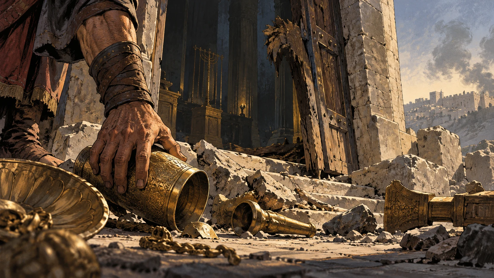 An anonymous enemy’s hand reaches toward precious vessels near a damaged sanctuary threshold; costume and architecture are artistic reconstruction.