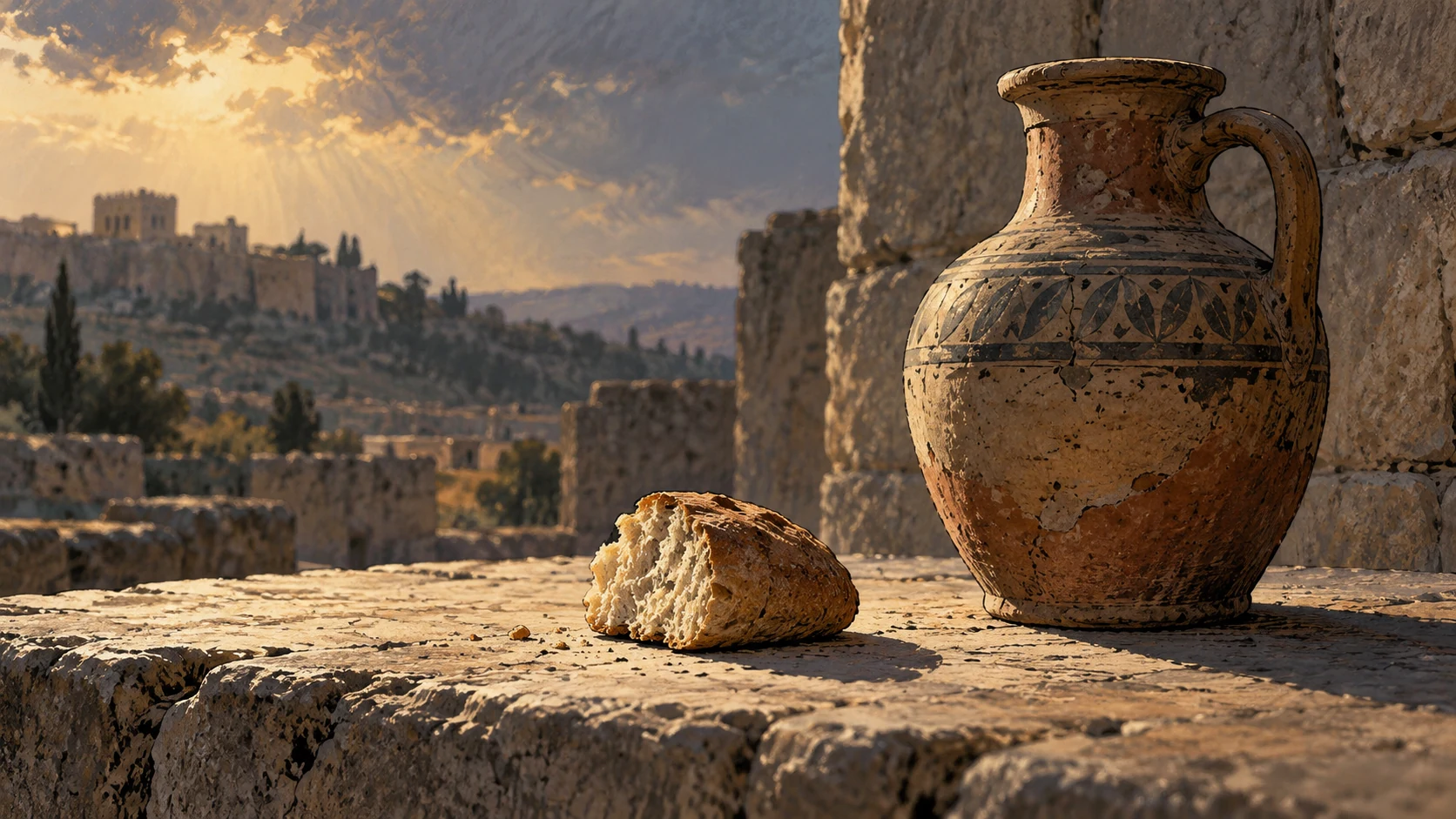Poetic visual interpretation: A small plain portion of bread beside a ceramic heirloom on a bare stone surface, disclosed symbolic exchange, no seller.