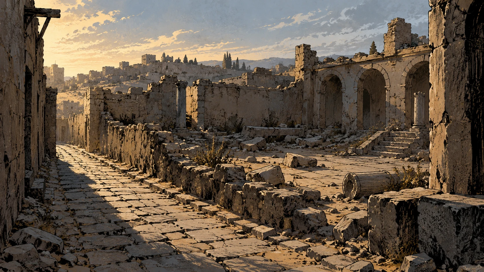 Poetic visual interpretation: Road passing an empty shattered courtyard, a view that asks the viewer to stop and attend to devastation.