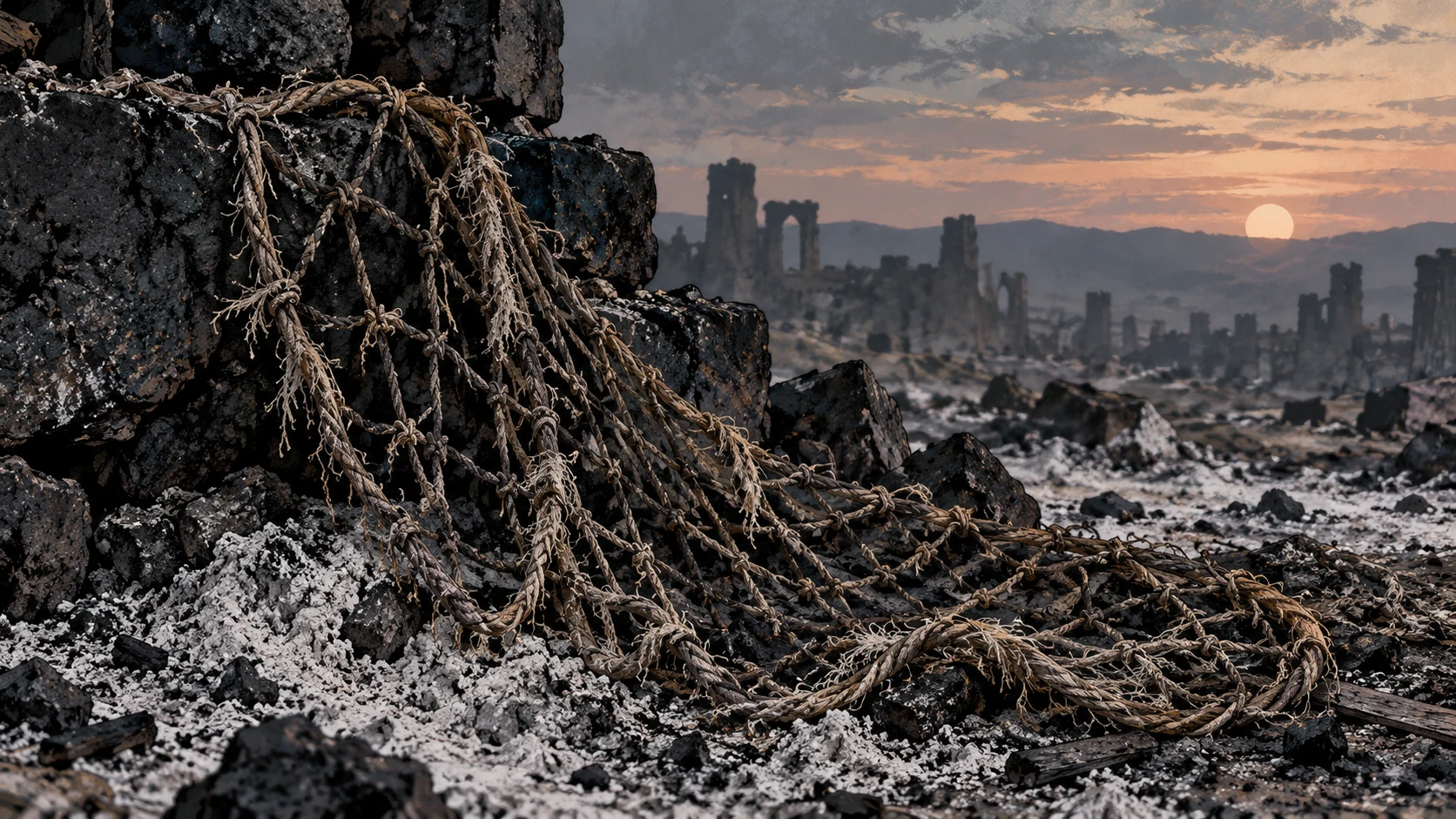 Poetic visual interpretation: Close view of a worn net snagged on blackened stone beside cold ash; two disclosed poetic metaphors, no burning body.