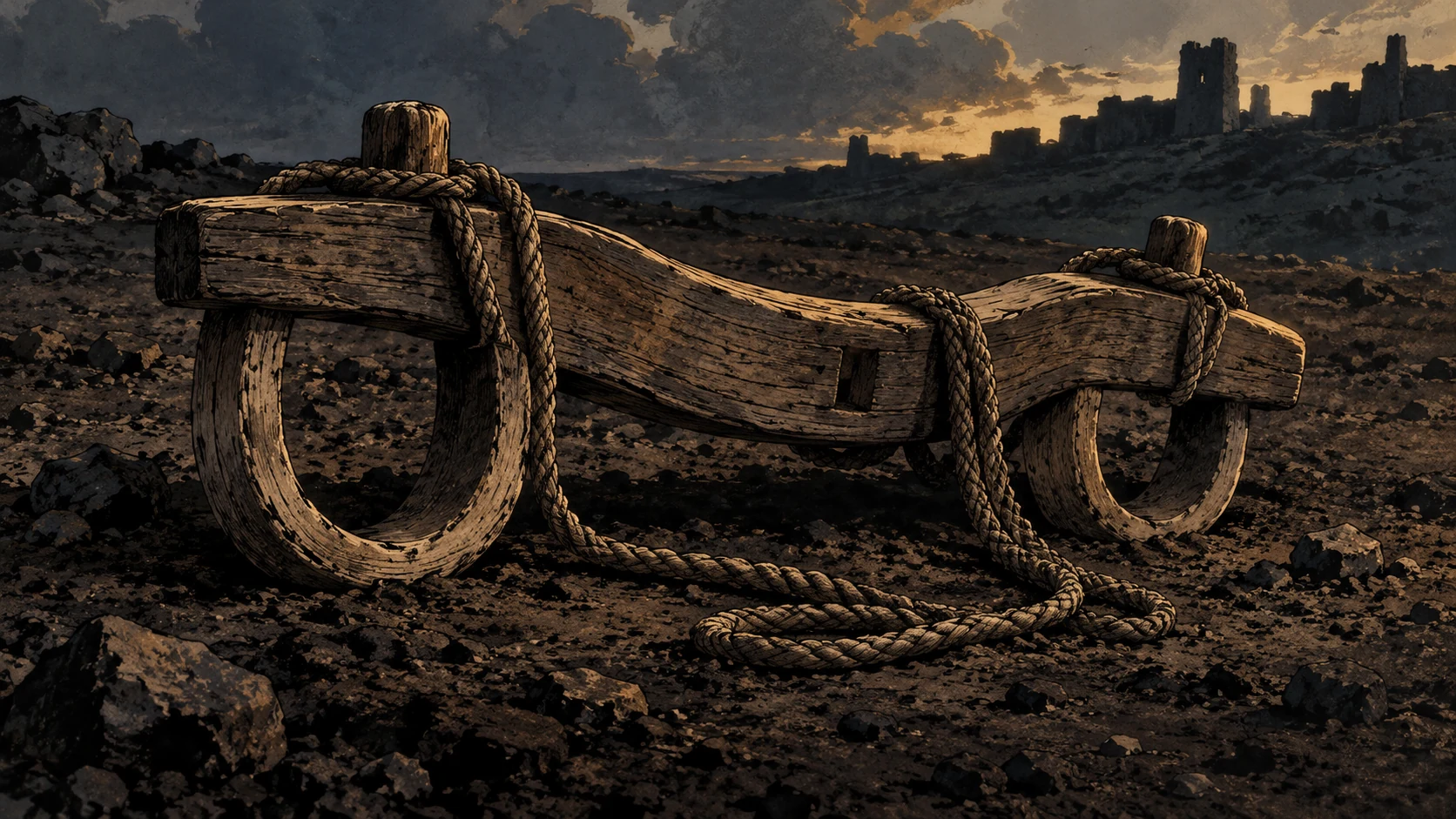Poetic visual interpretation: An unused heavy wooden yoke with entwined cord isolated on dark earth, metaphor for guilt, no wearer.