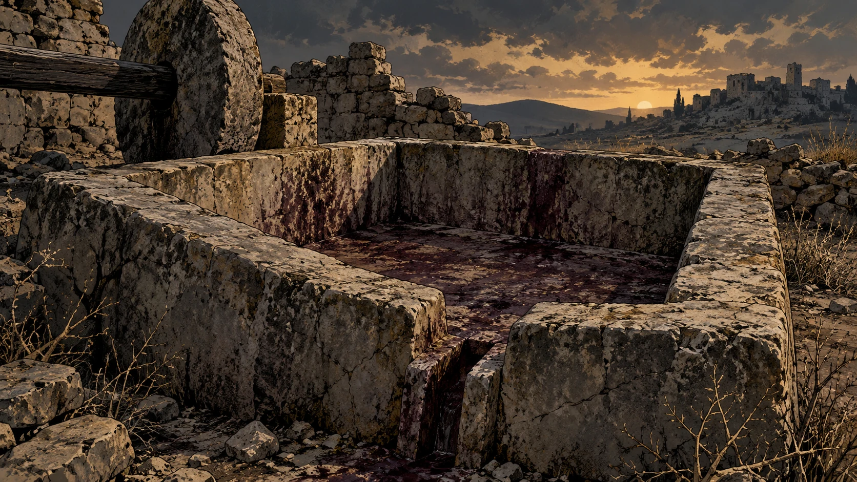 Poetic visual interpretation: Ancient empty stone winepress in a desolate yard, dark muted stains, disclosed metaphor, no crushed bodies.