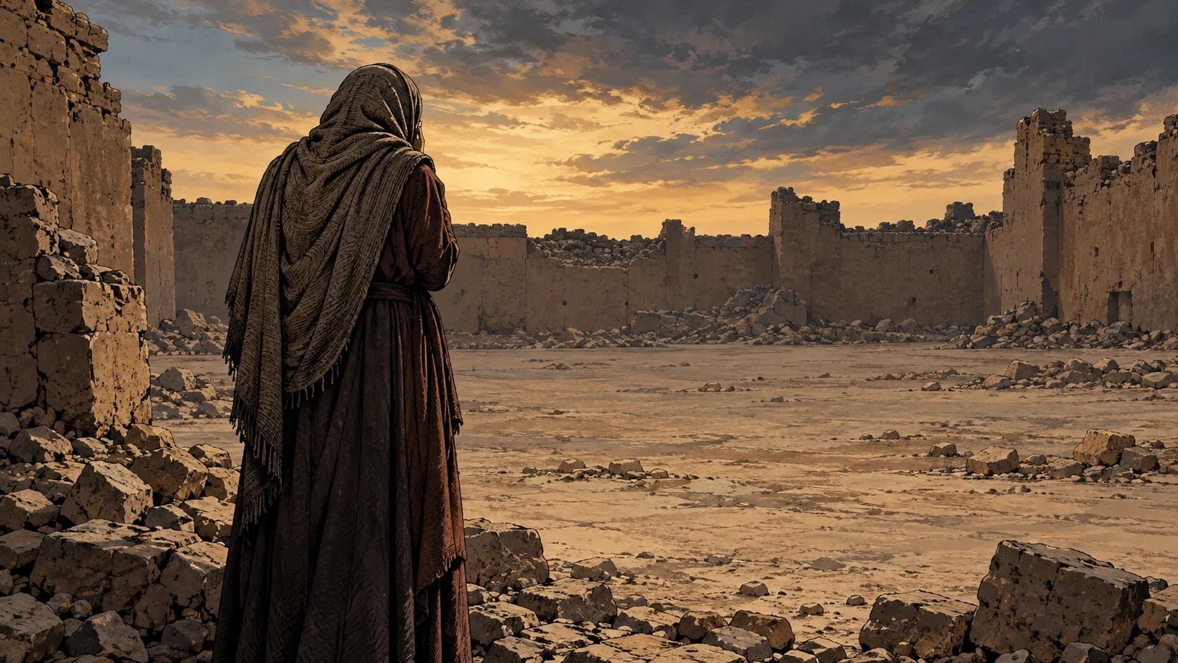 Poetic visual interpretation: One anonymous fully clothed grieving figure seen from behind at the edge of a vast empty courtyard; no specific identity.