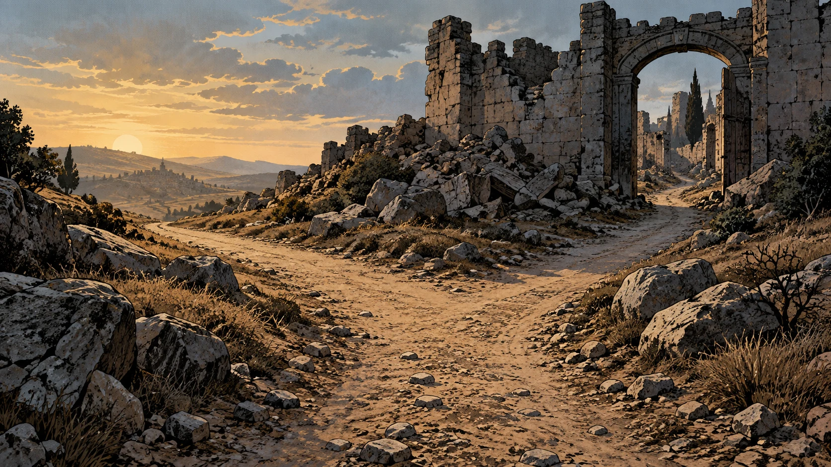 Poetic visual interpretation: A dusty path splitting near a ruined gate, the turn toward confession shown as disclosed metaphor without invented characters.