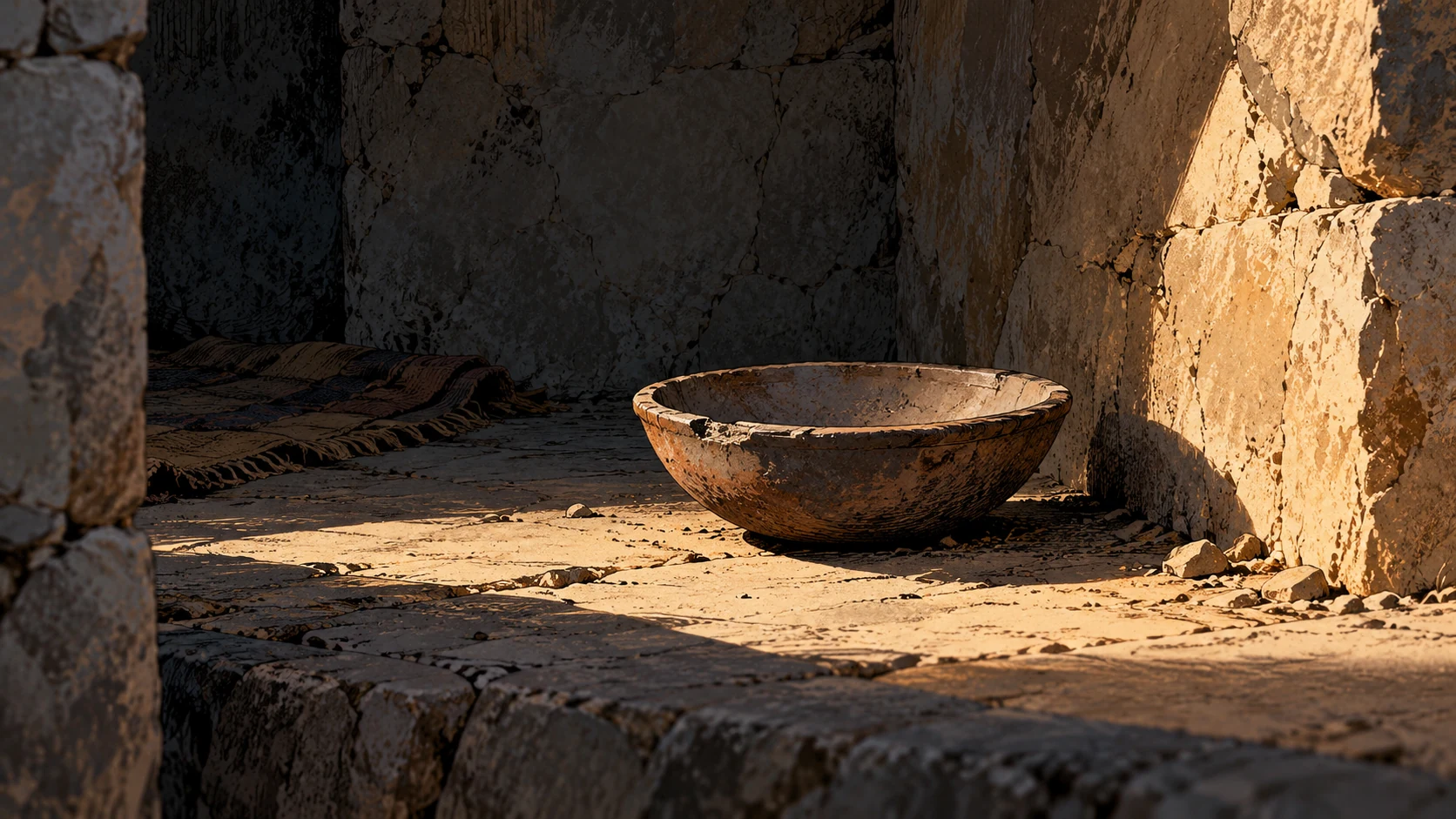 Poetic visual interpretation: Abandoned bare food bowl in a deserted alcove, mortality acknowledged through absence, no graphic body.