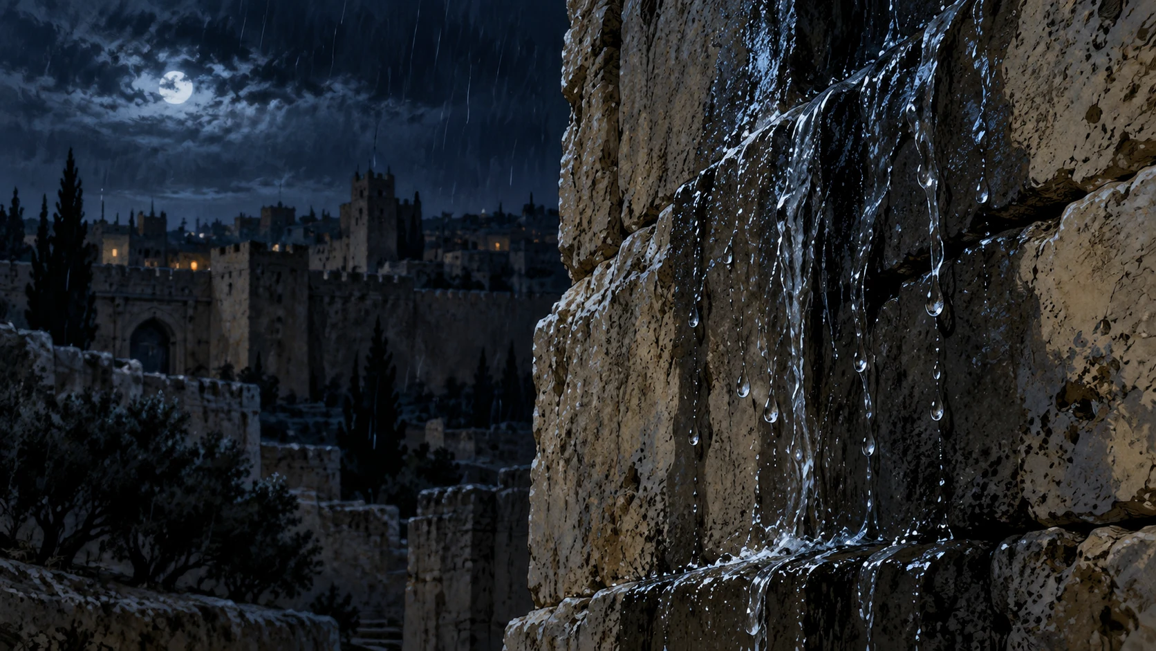 Poetic visual interpretation: Close view of rainwater running down a rough limestone surface in night shadows, a disclosed metaphor for the city's tears, no person.