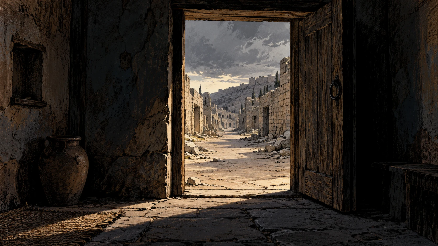 Poetic visual interpretation: An empty house doorway frames a deserted street, dim interior and bleak exterior, no violent action.