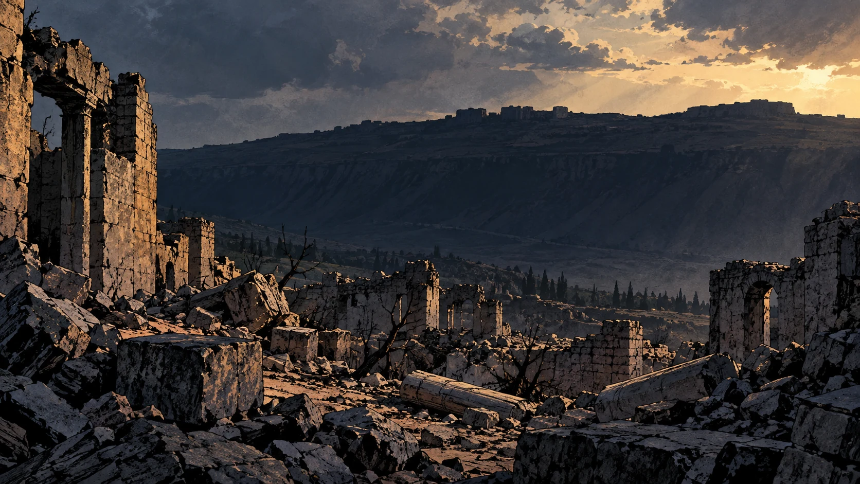 Poetic visual interpretation: Distant shadowed empty opposing ridge over a ruined foreground, enemy rejoicing remains in the text, not invented celebrants.