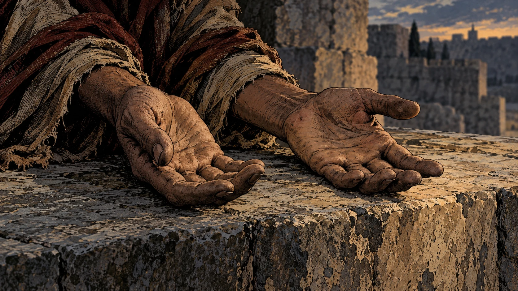 Poetic visual interpretation: Close view of exhausted anonymous hands lowered on a stone ledge, pleading for judgment, no retaliatory action.