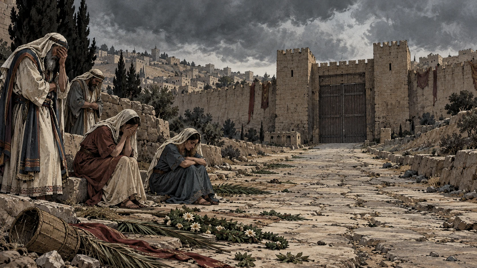 Anonymous mourners beside a deserted road and desolate city gate.