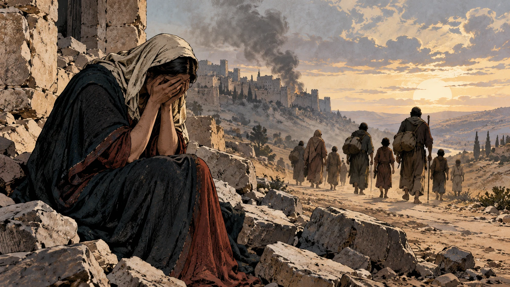 Anonymous grieving woman beside a departure of anonymous adults and children, interpreting the city’s grief and captivity.