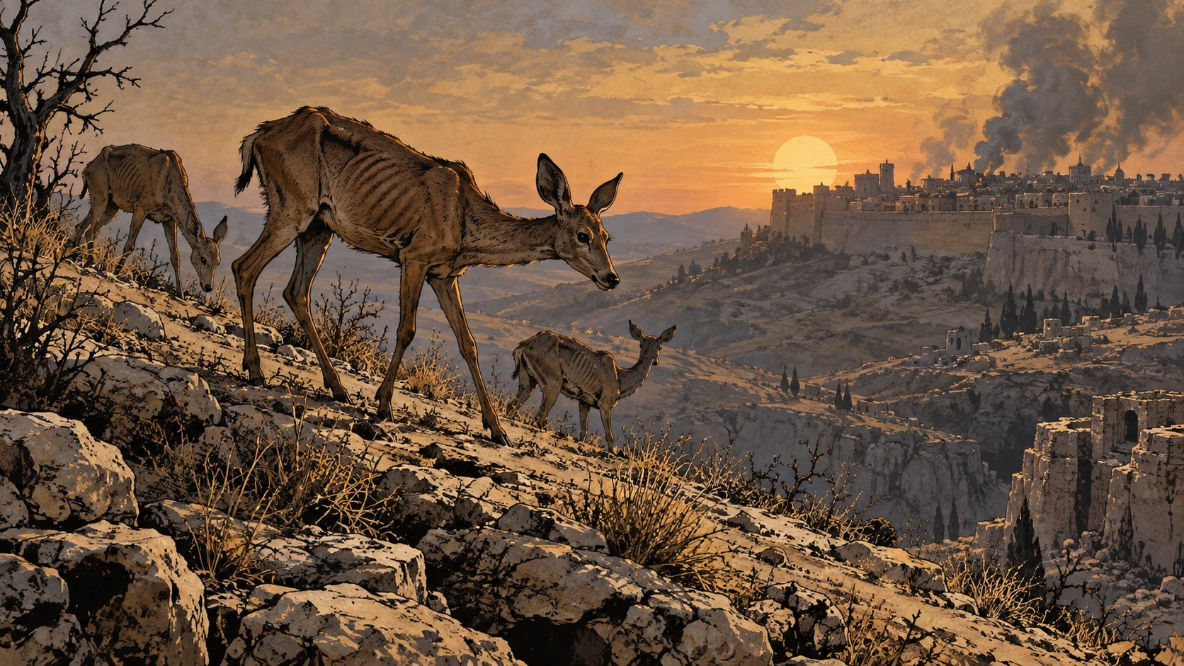 Poetic visual interpretation: Thin deer at a barren rocky ridge, sparse dry vegetation, the poem's explicit comparison, no human princes.