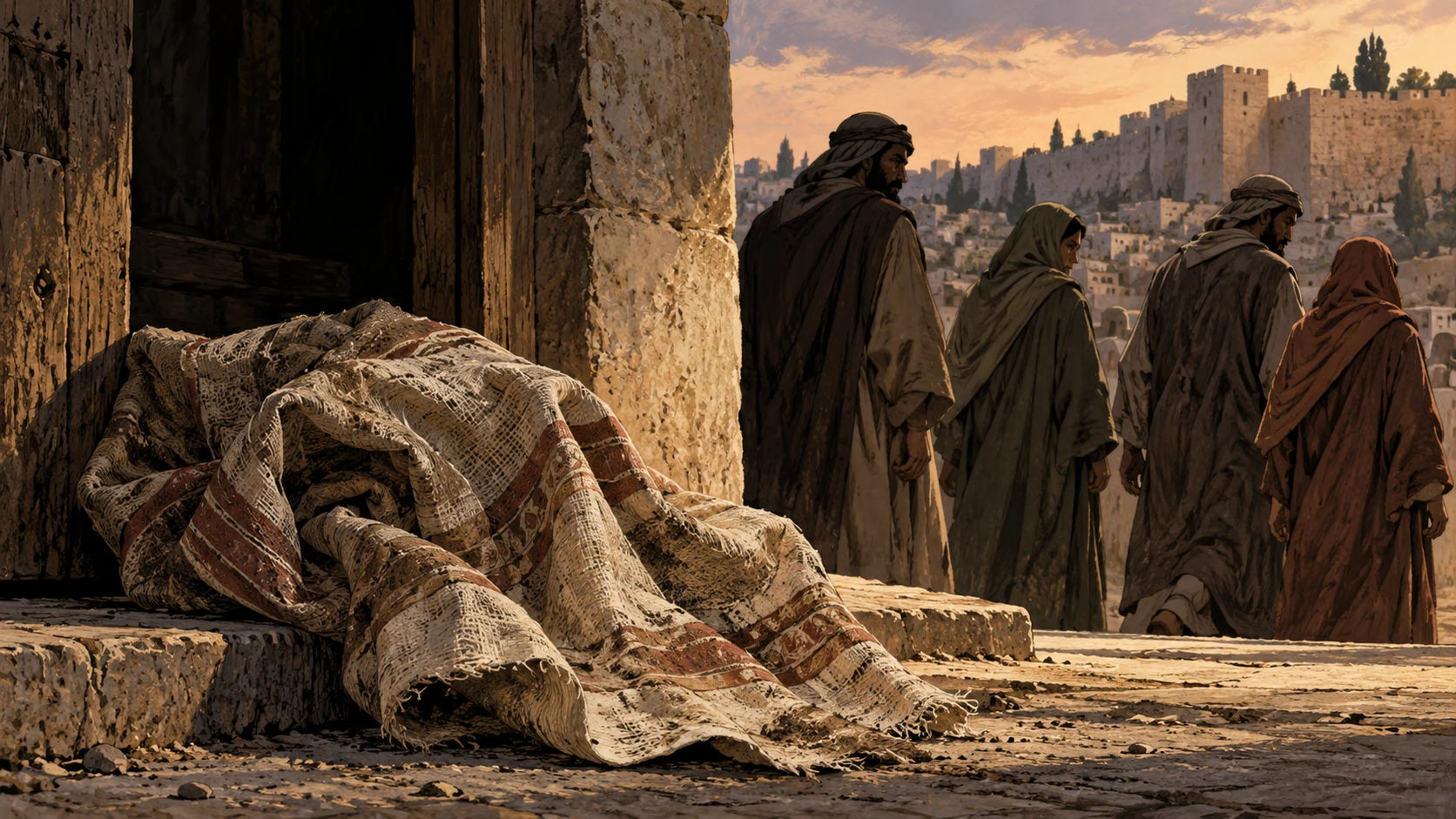 Crumpled dusty cloth on a threshold while anonymous fully clothed figures turn away, a disclosed metaphor for shame and dishonor.