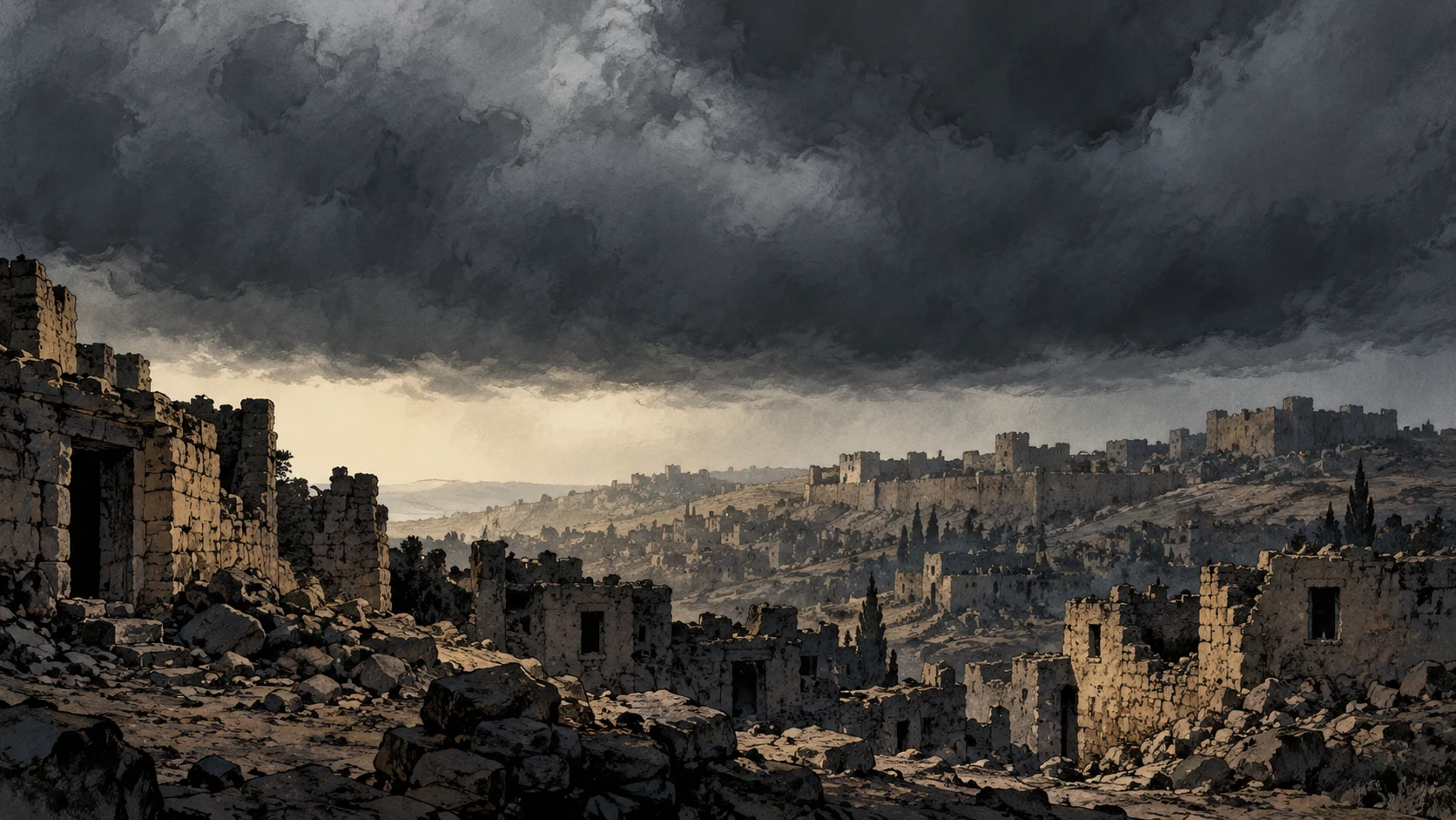 Poetic visual interpretation: Broad low cloud obscures the heights above devastated ancient Judah, no divine body in clouds.